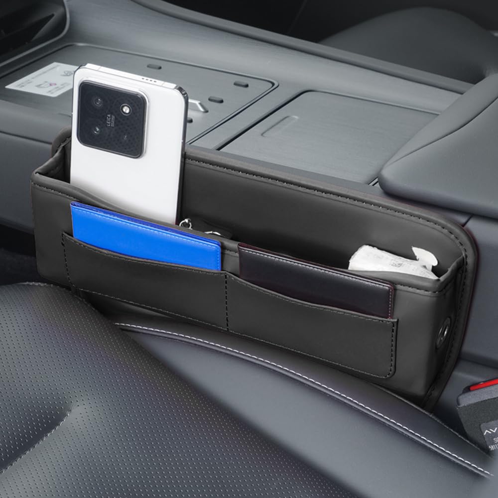 Leather Car Seat Gap Filler Organizer with Card Holder - L-Capacity Storage Box for Phone, Keys, Glasses & Essentials | Perfect Car Accessories for Organization & Convenience (Black) | Ideal for Daily Commute, Road Trips & Family Travel