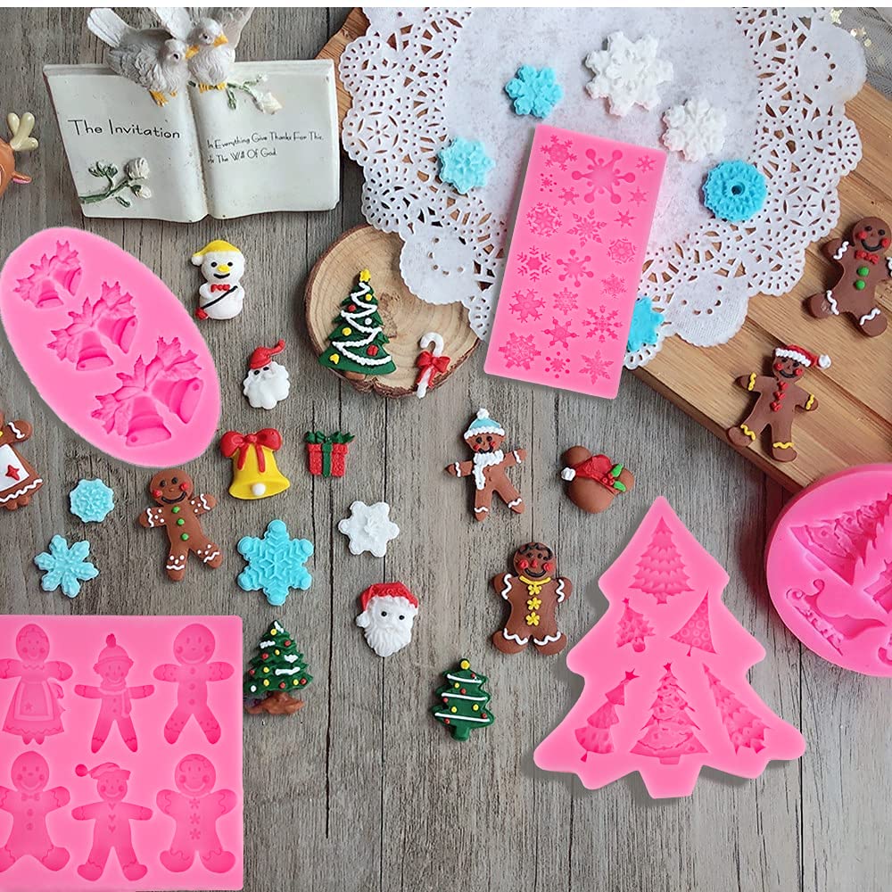 6-Piece Christmas Fondant Molds Set - Mini Pink Silicone Molds for Polymer Clay, Snowflake, Tree, Reindeer & Santa - Baking Tools for Cake Decorating, Candy & Chocolate Making - Perfect for Xmas Parties, DIY Gifts & Holiday Desserts
