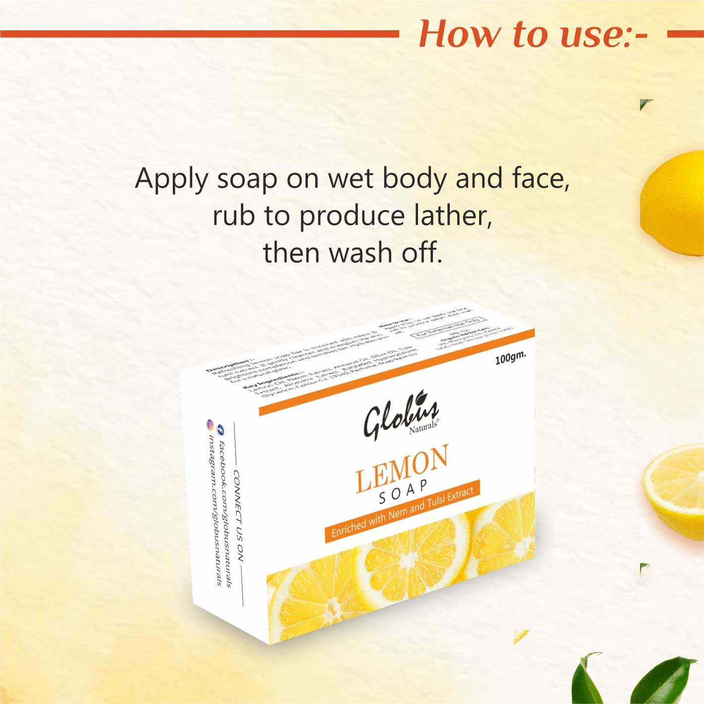 Globus Naturals Lemon Brightening Soap with Neem & Tulsi Extract - 100g (Pack of 2) for Skin Lightening, Acne Treatment & Glowing Complexion | Perfect for Daily Face & Body Cleansing