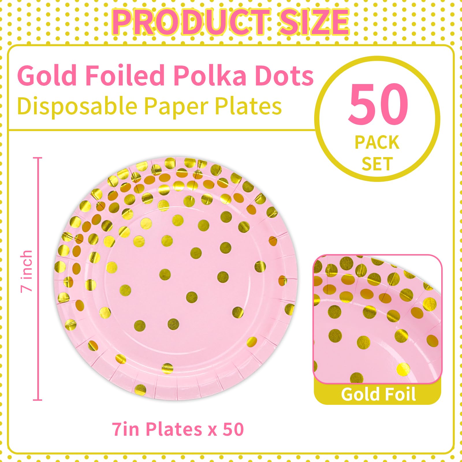 DYLIVeS 7 Inch Disposable Pink & Gold Metallic Foil Polka Dot Paper Plates - 50 Pack for Birthday, Bridal Shower, Easter, Graduation Party | Elegant Dessert & Cocktail Party Supplies | Perfect for Indoor/Outdoor Celebrations & Special Events