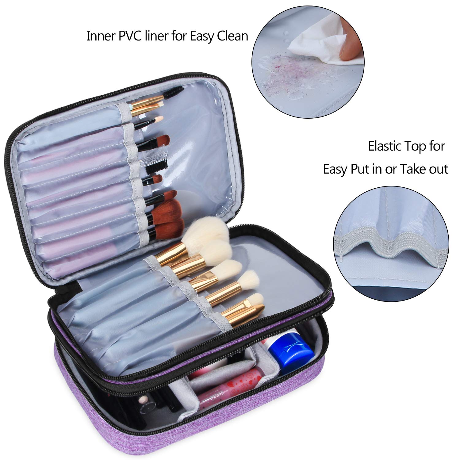 Teamoy Professional Travel Makeup Brush Organizer Bag - Medium Purple Cosmetic Case with Handle Strap (Fits 8.8