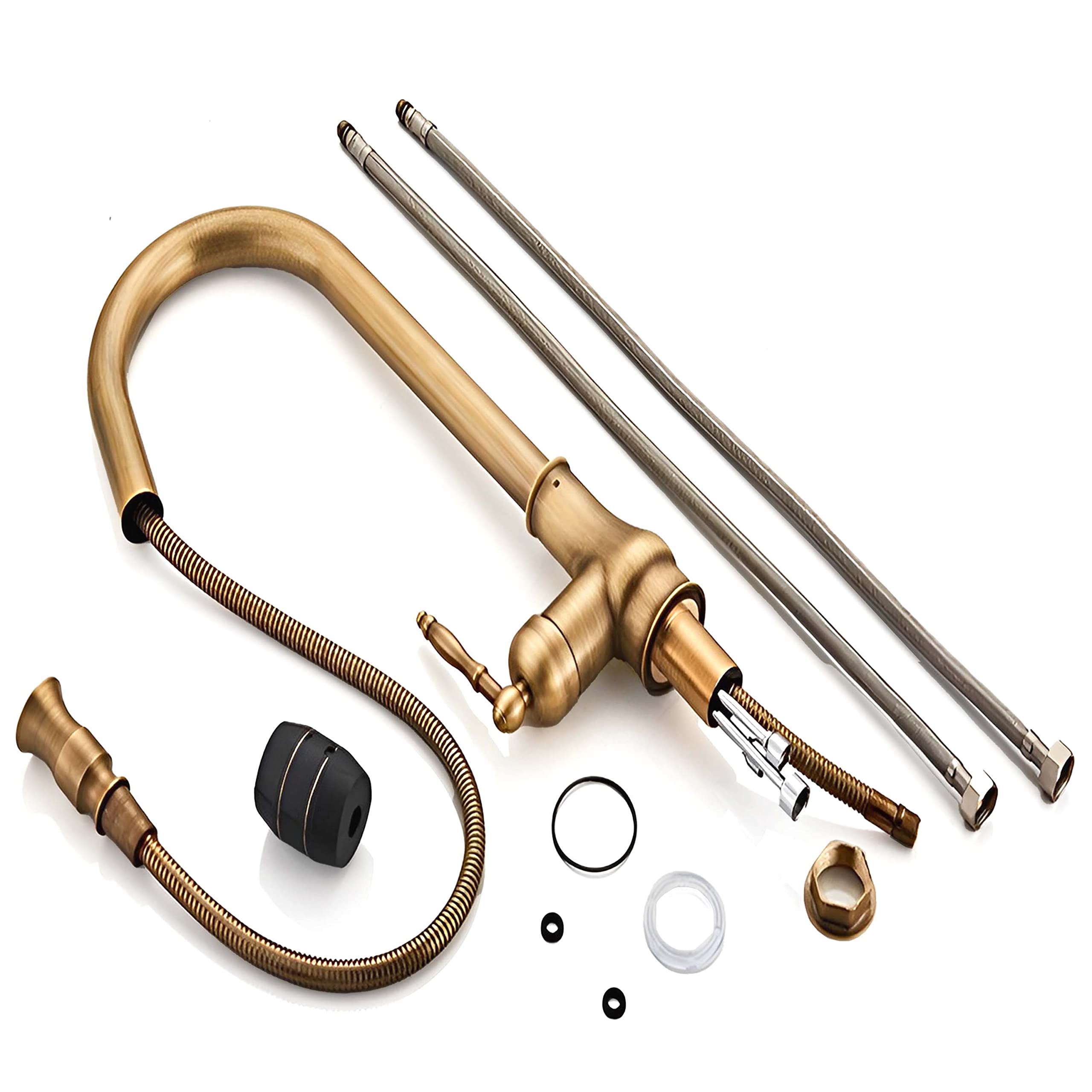 Antique Copper Single Handle Kitchen Faucet - Pull Out Pull Down Brass Faucet with Hot & Cold Mixer Hoses - Perfect for Farmhouse, Vintage, and Modern Kitchen Sinks