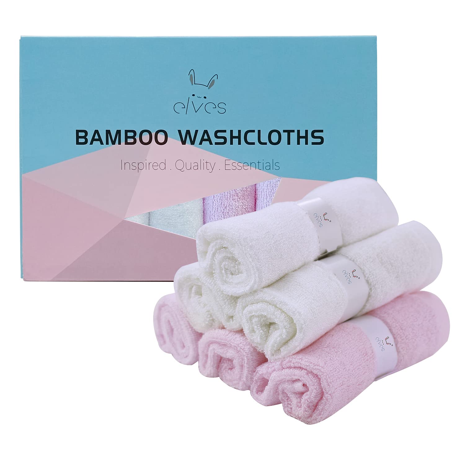 Elves Bamboo Viscose Baby Washcloths Set of 6 - Ultra Soft Face & Body Wash Towels for Newborns - Gentle Baby Girl Washcloths (White & Pink) - Perfect for Bath Time, Sensitive Skin Care & Nursery Essentials