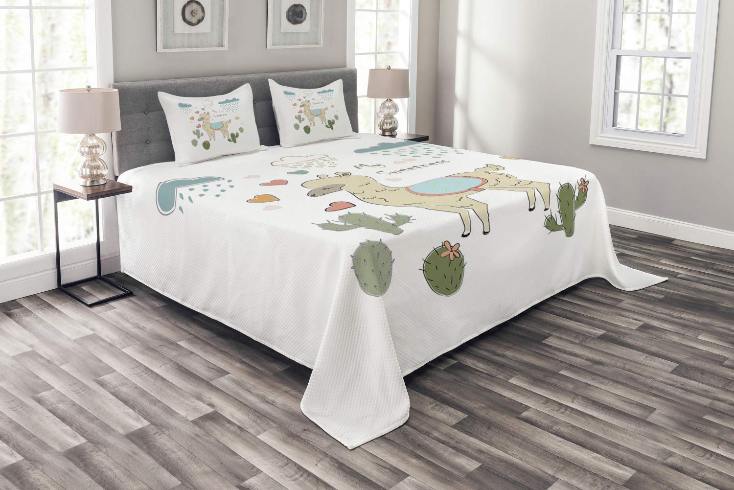 Ambesonne Llama Bedspread Set - 3-Piece King Size Abstract Alpaca in Rain with Cactus Brush Stroke Design, Multicolor Decorative Bedding Coverlet & 2 Pillow Shams | Perfect for Bohemian Bedroom Decor, Guest Room Styling & Cozy Home Makeover