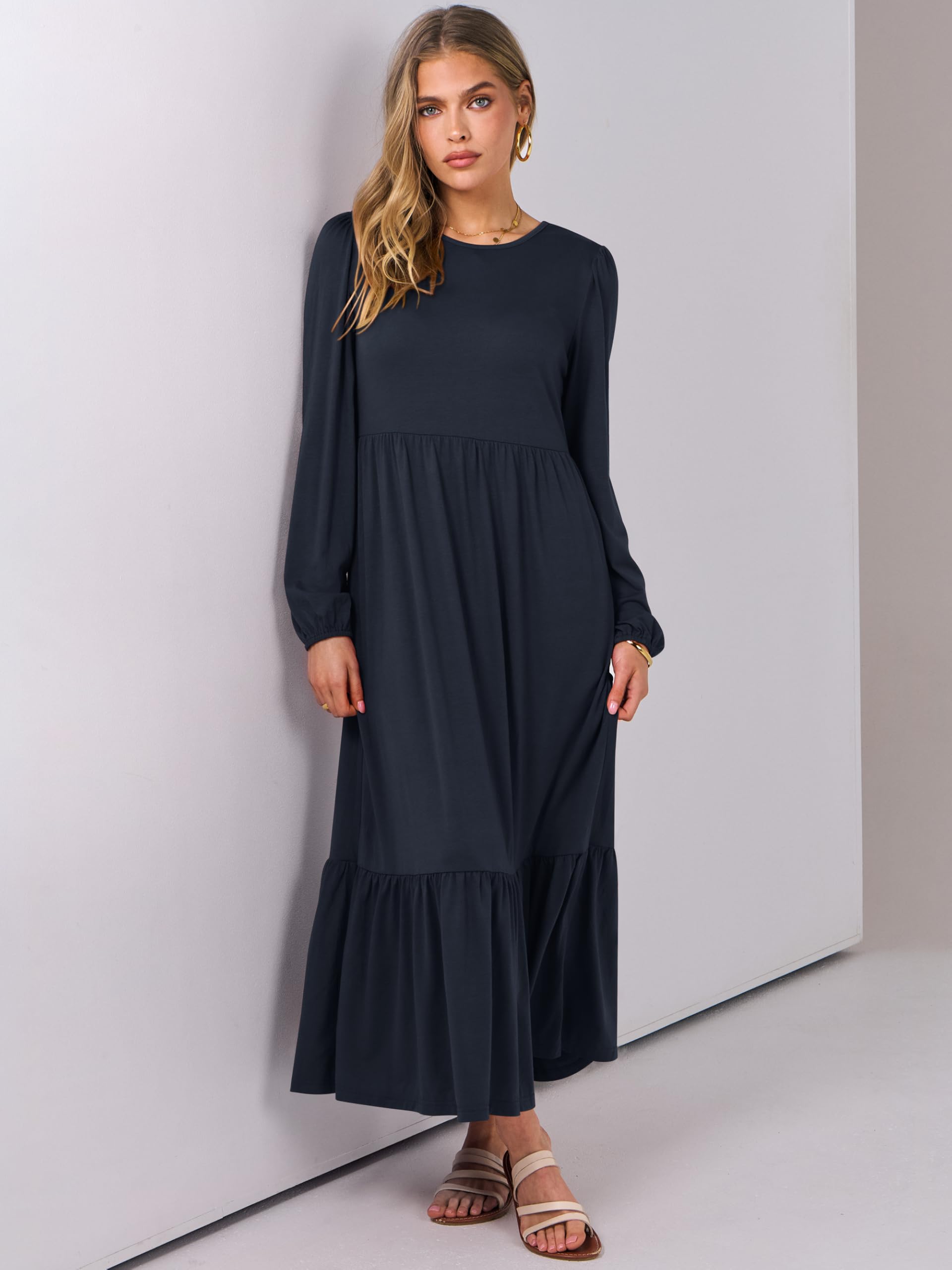 ANRABESS Women's Casual Long Sleeve Midi Dress - 2025 Spring Crewneck A-Line Tiered Flowy Loose Dress with Pockets | Trendy Plus Size Dresses for Work, Date Night & Spring Outfits