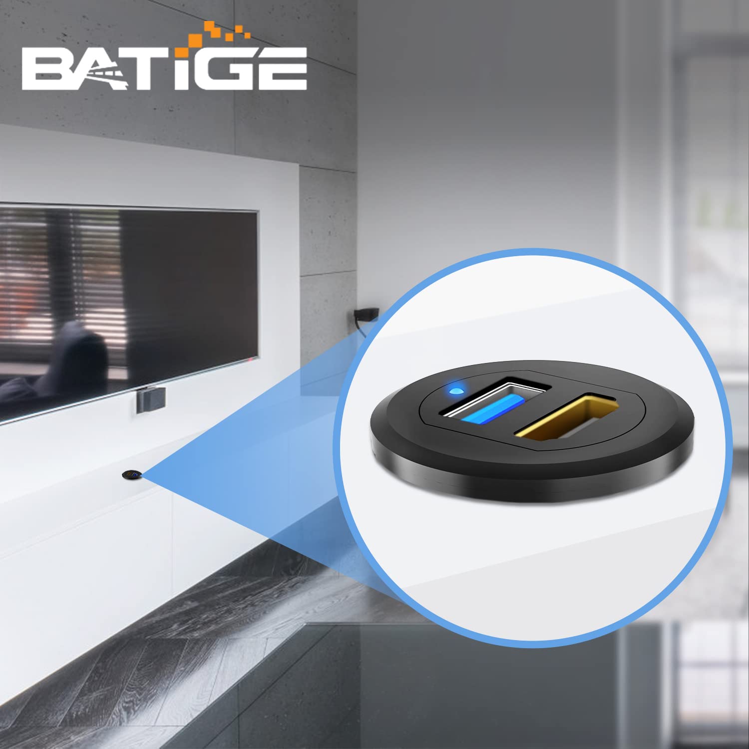 BATIGE USB 3.0 HDMI Car Mount Flush Port Cable - Alloy Shell HDMI USB 3.0 Dash Panel Extension with LED Indicator for Car, Boat, Motorcycle (3ft) - Perfect for In-Vehicle Entertainment & Navigation Systems