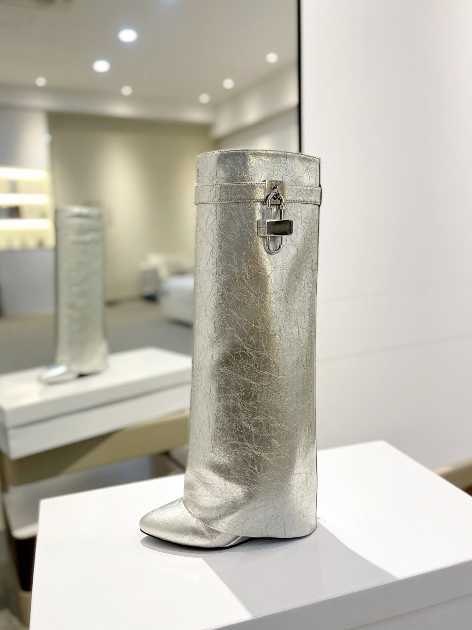 Stylish Women's Long Silver Boots with Lock Detail - Perfect for Winter Fashion & Outdoor Adventures