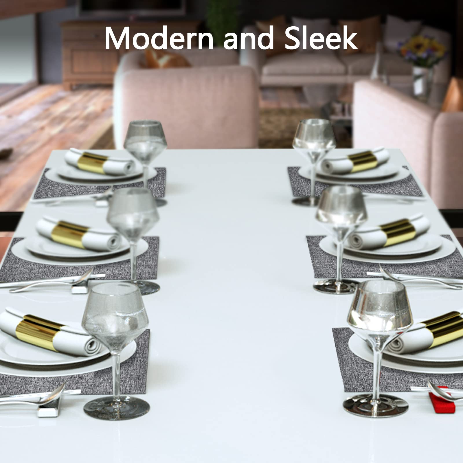 4-Pack Woven Vinyl Placemats for Dining Table - Waterproof & Washable Indoor/Outdoor Placemat Set (Gray) - Perfect for Kitchen, Patio, Picnic & Daily Use