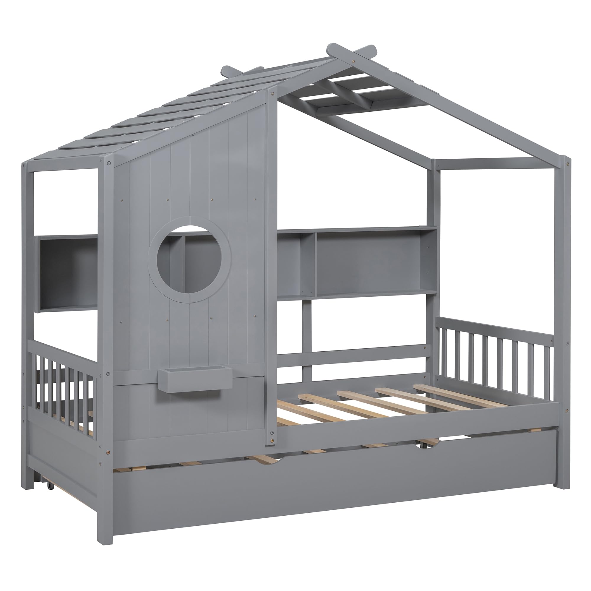 Harper & Bright Designs Twin Size Wooden House Bed with Trundle & Storage Shelf - Gray Platform Bed Frame with Roof for Kids, Boys & Girls - Perfect for Bedrooms, Playrooms & Small Spaces