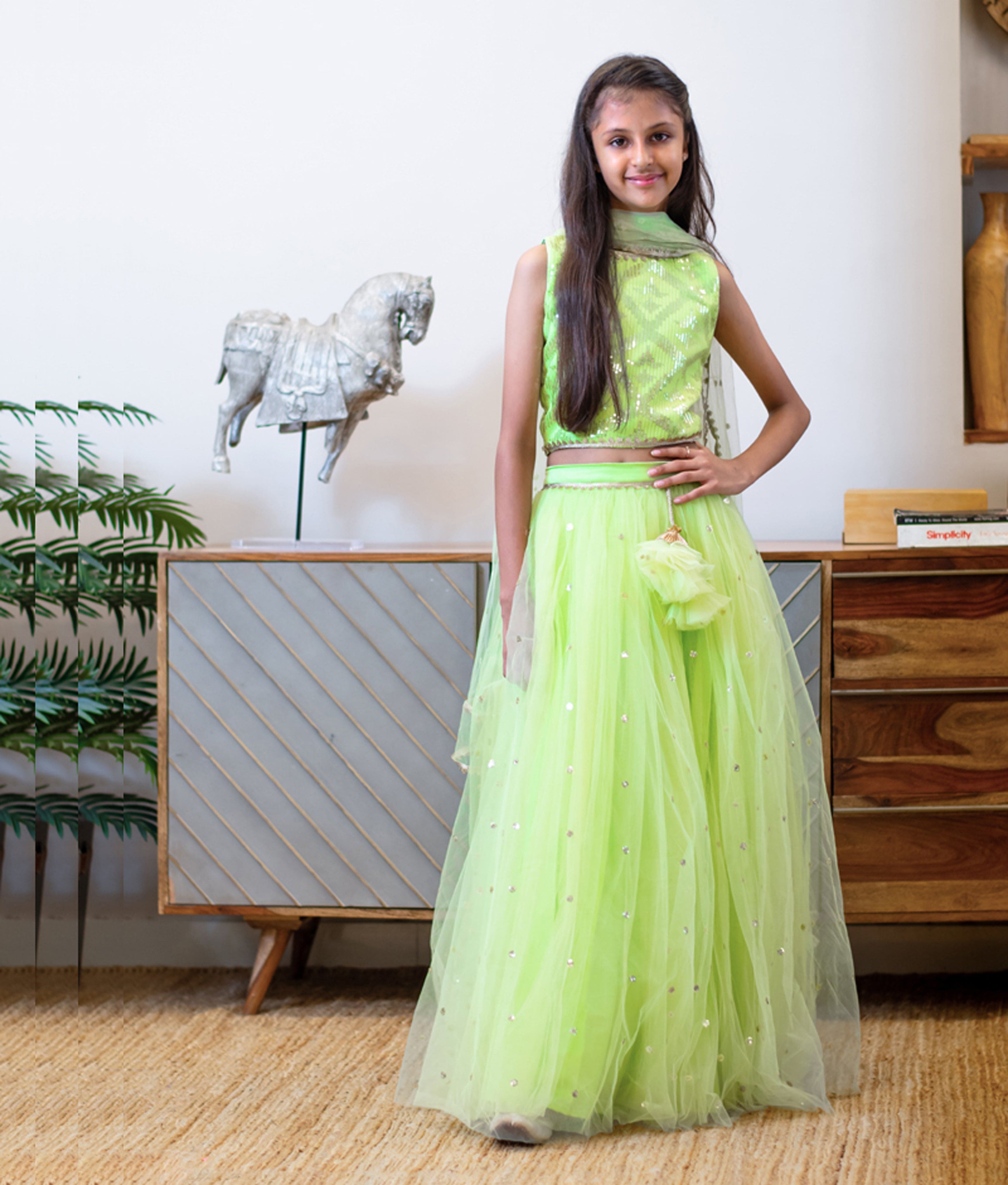 Pre Order Green Boti Net Lehenga Set for Girls - Indian Traditional Dress for Festivals, Weddings & Special Occasions