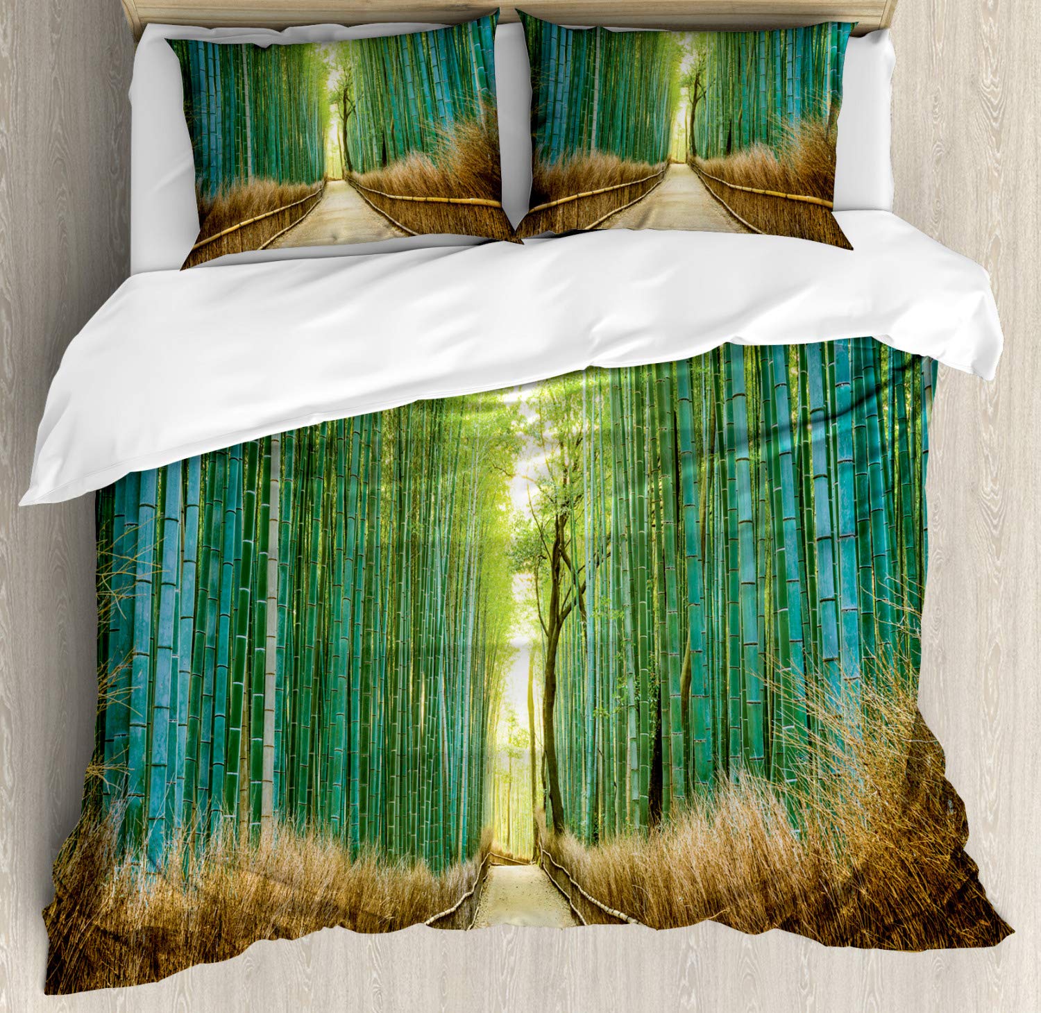 Lunarable Forest Duvet Cover Set | Japanese Historic Landscape Park Panoramic Photography Print | 3-Piece Bedding Set with 2 Pillow Shams | California King Size | Pale Brown Turquoise | Perfect for Boho & Nature-Inspired Bedroom Decor