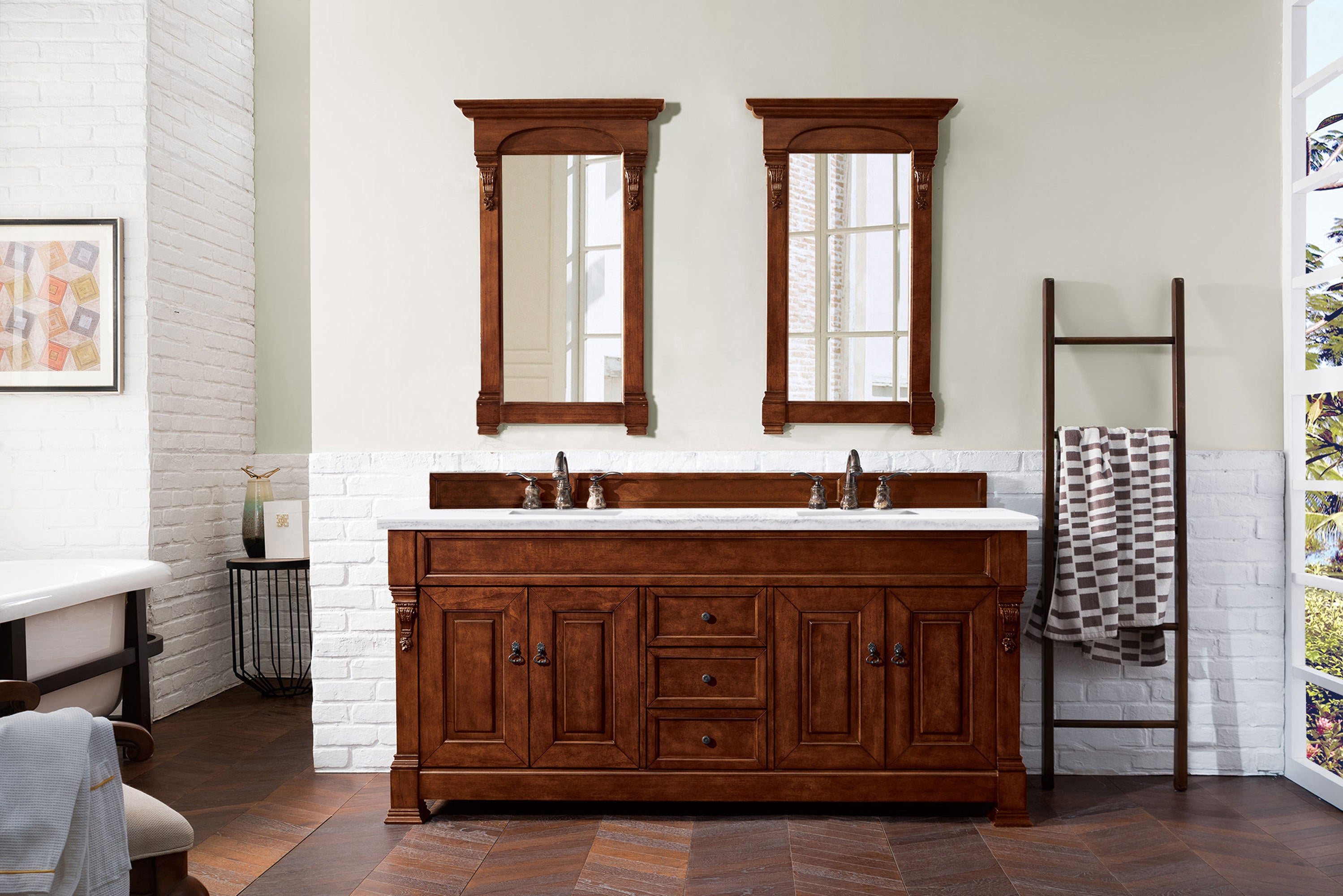 Brookfield 72 Inch Double Bathroom Vanity with Warm Cherry Finish & 3CM Arctic Fall Solid Surface Top - Perfect for Master Bathroom Remodeling
