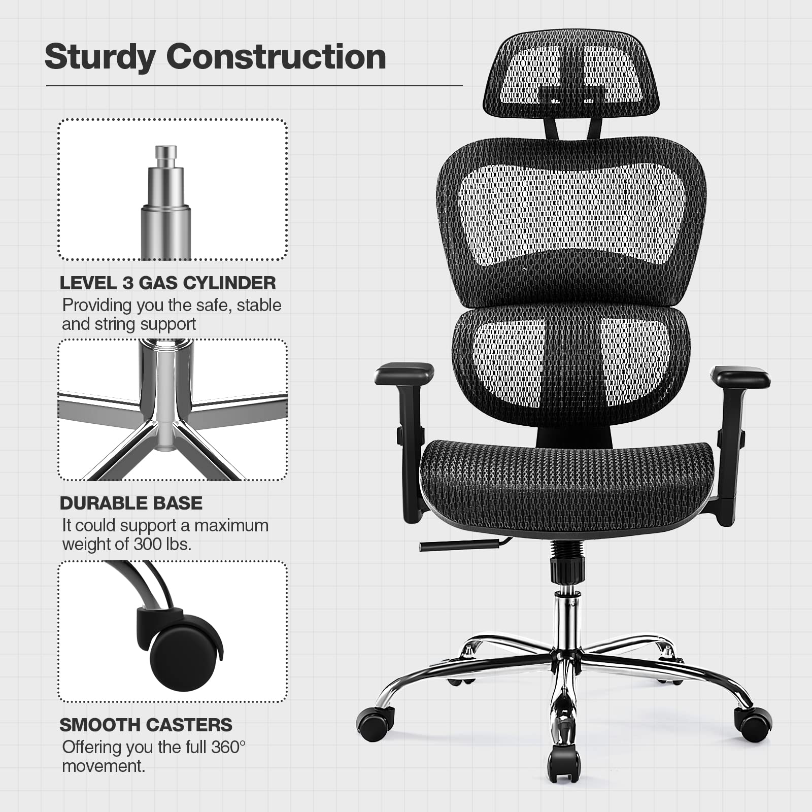 Ergonomic High Back Office Chair with Headrest & Lumbar Support - Adjustable Height Mesh Computer Chair with Swivel Base & Movable Armrests - 300 lbs Weight Capacity - Perfect for Home Office, Gaming & Executive Workspaces