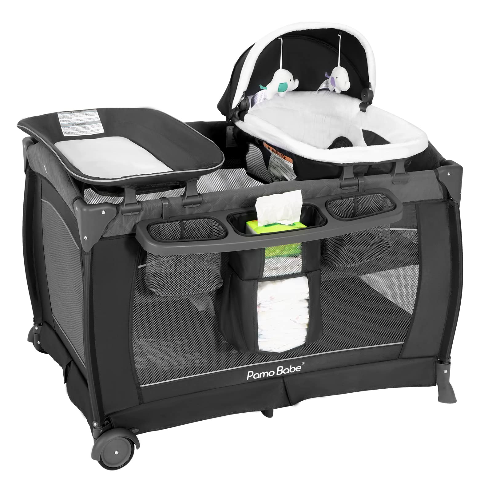 **Pamo Babe Portable Playard & Playpen for Babies & Toddlers - Foldable Baby Crib with Mattress & Diaper Changer - Grey | Ideal for Travel, Home, Nursery & Daycare**