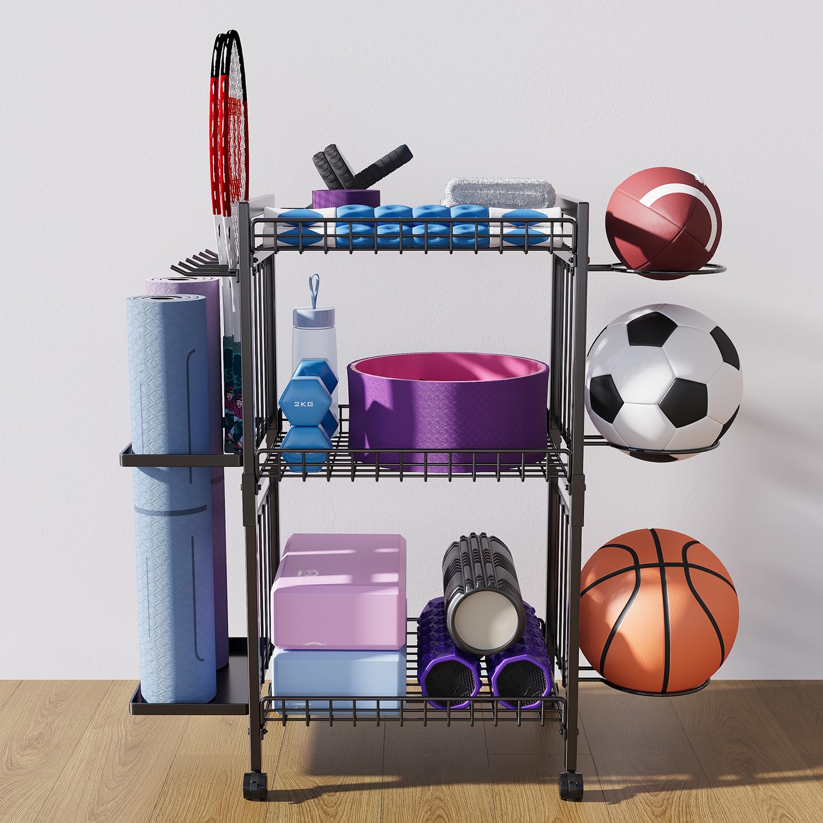 Premium Yoga Mat Storage Rack with Wheels & Hooks - Heavy Duty Home Gym Organizer for Yoga Mats & Fitness Equipment - Space Saving Workout Gear Storage Cart for Home Exercise, Yoga Studio & Gym Organization