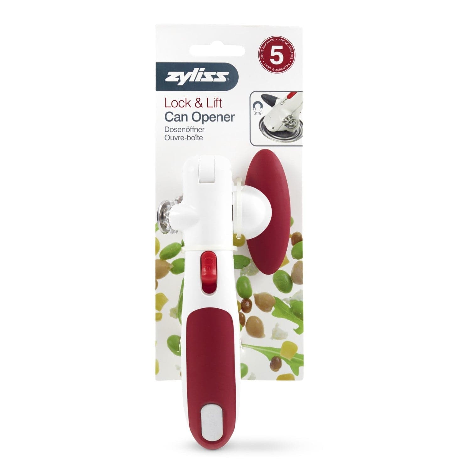 Zyliss Lock N' Lift Manual Can Opener with Lid Lifter Magnet - Red | Easy-Open Kitchen Tool for Cans, Jars & Bottles | Perfect for Camping, Picnics & Emergency Prep