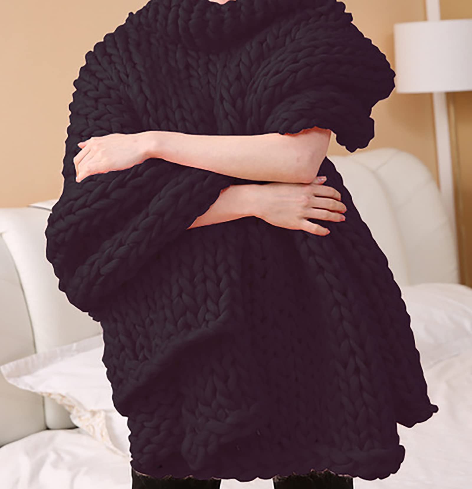 Soft Chunky Knitted Wool Throw Blanket - Handmade Cozy Yarn Blanket for Bed, Sofa & Yoga (80x100cm, Black) | Perfect for Home Decor, Winter Warmth & Meditation Spaces