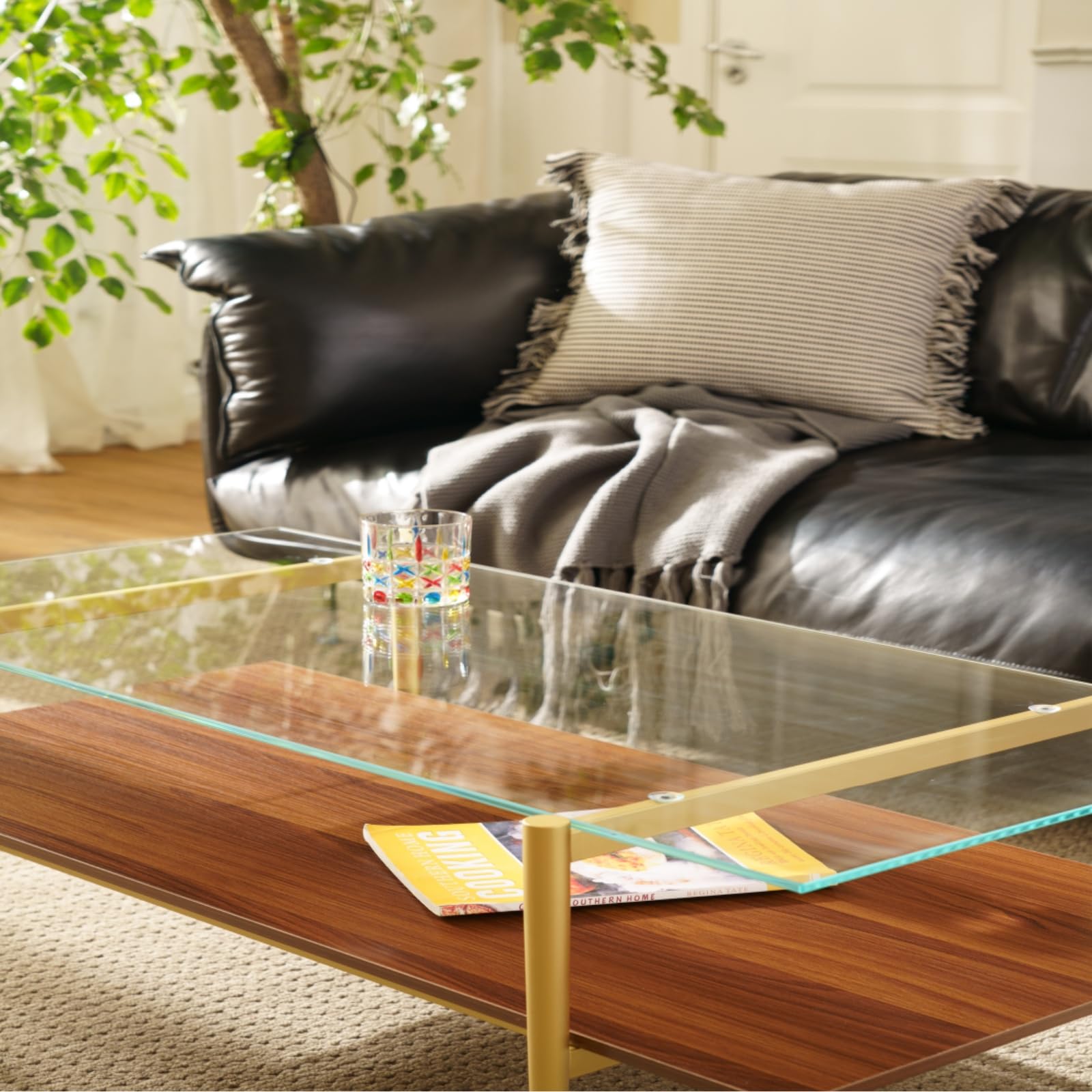 Saint Mossi Tadio Modern Glass Coffee Table - Clear Double Layer Design with Coffee Brown Bottom Shelf for Living Room | Perfect for Lounge, Family Gatherings & Home Decor