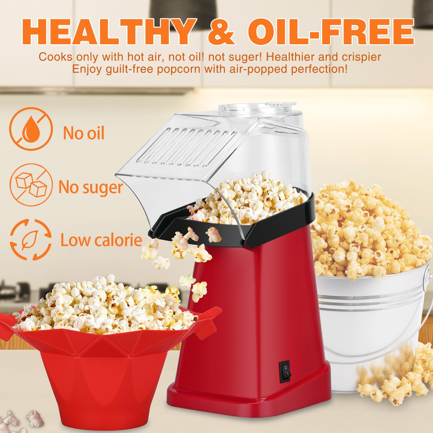 Fast Hot Air Popcorn Popper Machine with 16-Cup Bowl, Measuring Cup & Butter Tray - Quick Healthy Snack Maker for Movie Nights, Parties & Family Gatherings (Red)