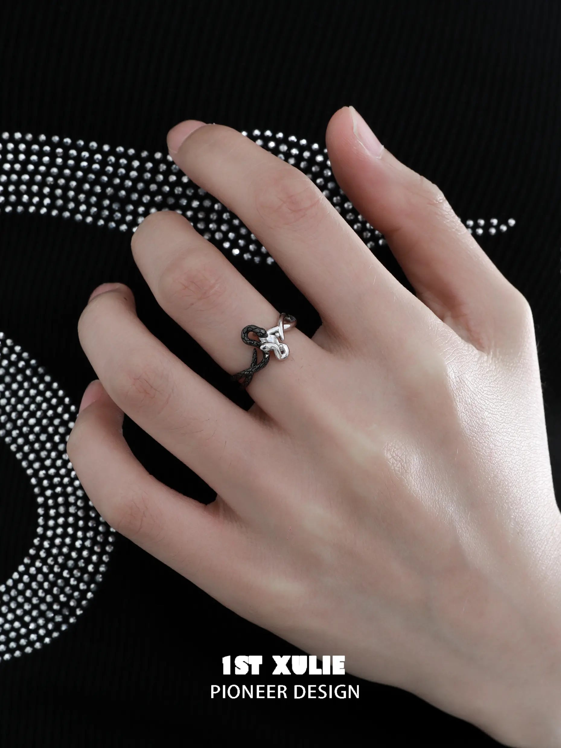 Snake Bite White & Black Serpent 925 Sterling Silver Adjustable Open Ring for Women | Gothic Jewelry, Punk Fashion Accessory, Halloween Costume Jewelry