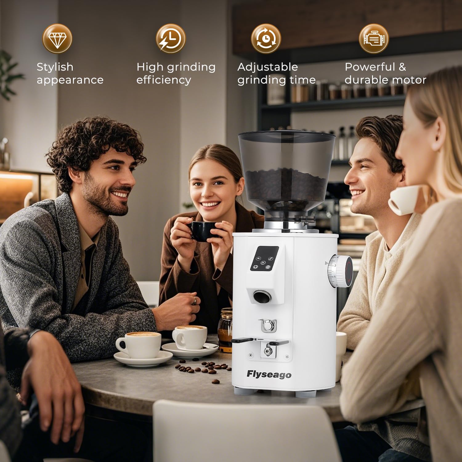 400W Commercial Electric Flat Burr Coffee Grinder - 8 Precise Settings for Espresso, French Press & Drip Coffee - Large 35.27oz Hopper & Grounds Tray - Perfect for Cafes, Restaurants & Home Baristas (White)