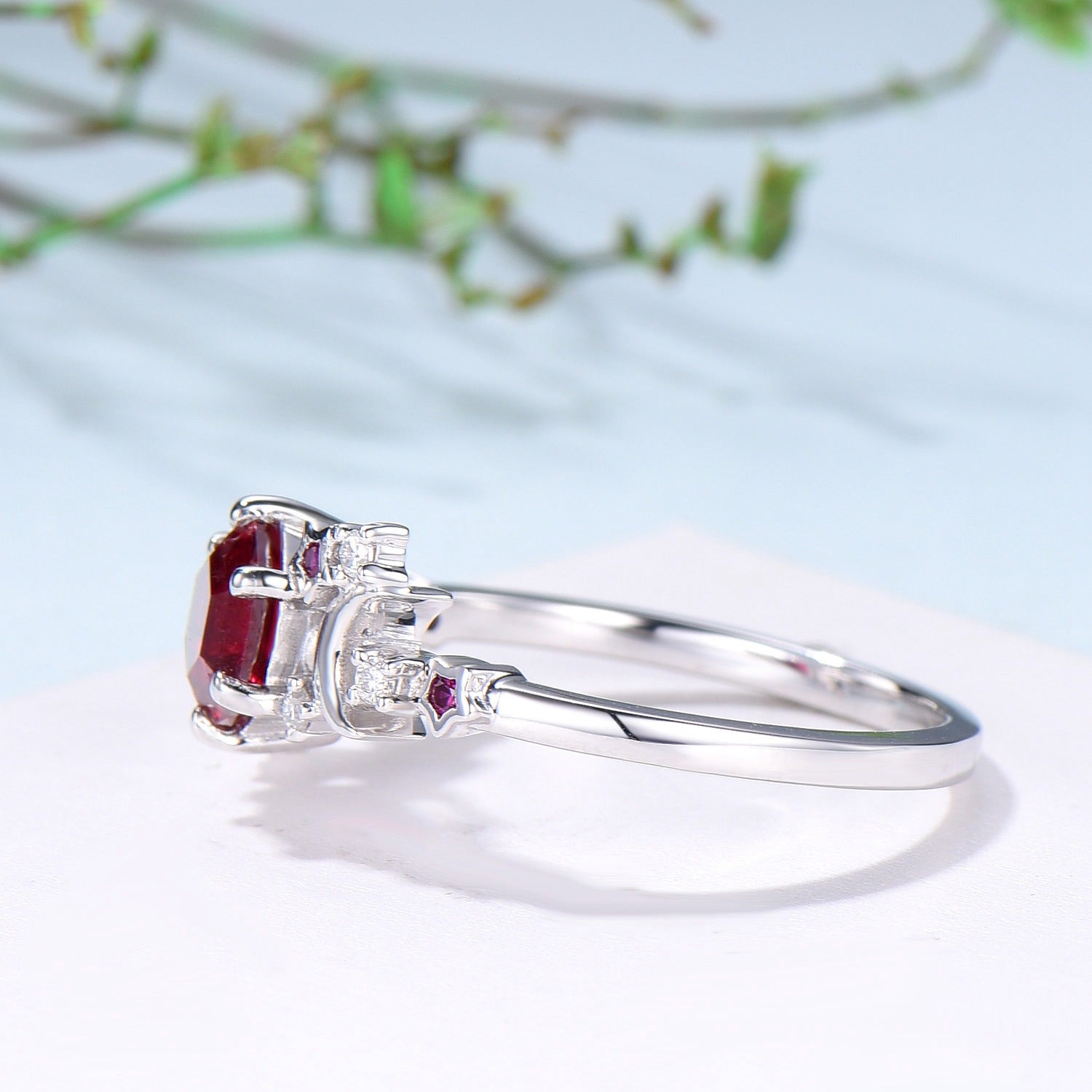 Galaxy Star Ruby Engagement Ring - Crescent Moon Hexagon Cut Lab Ruby Wedding Ring - Unique Cluster Star Moon Design - Anniversary Gift for Her - Perfect for Proposals, Weddings & Special Occasions