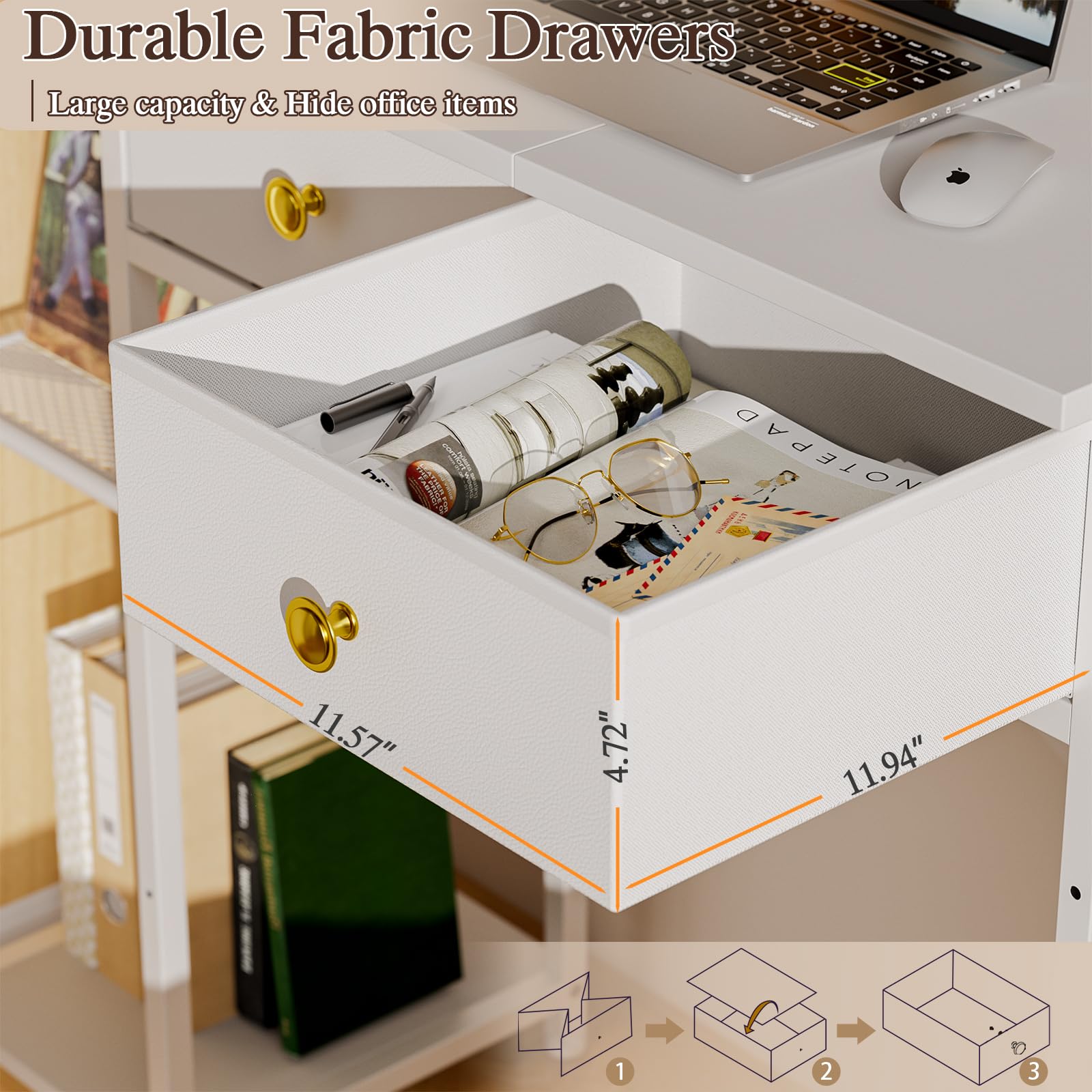 White Computer Desk 36 Inch - Small Desk with Drawers & Storage Shelves, Compact Home Office Desk for Bedroom, Living Room, Dorm | Space-Saving Vanity Desk for Small Spaces (White) - Perfect for Remote Work, Study & Makeup Station