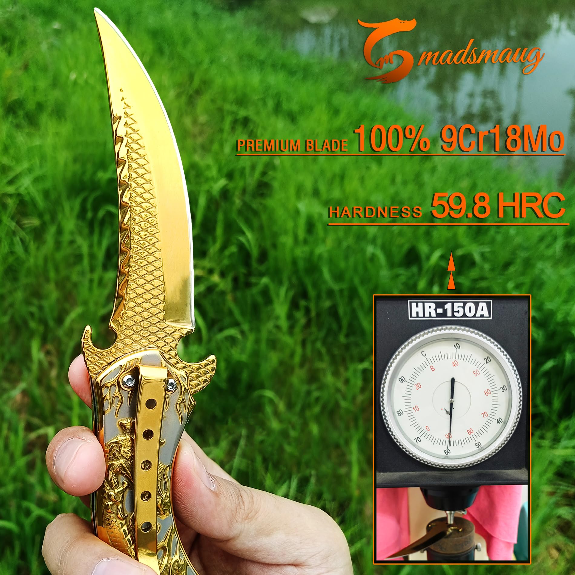 Premium 9Cr18Mo Blade Folding Pocket Knife with Sheath - 3D Dragon Design EDC Knife for Men | Perfect Outdoor Survival, Camping, Hiking & Everyday Carry Tool (Gold)