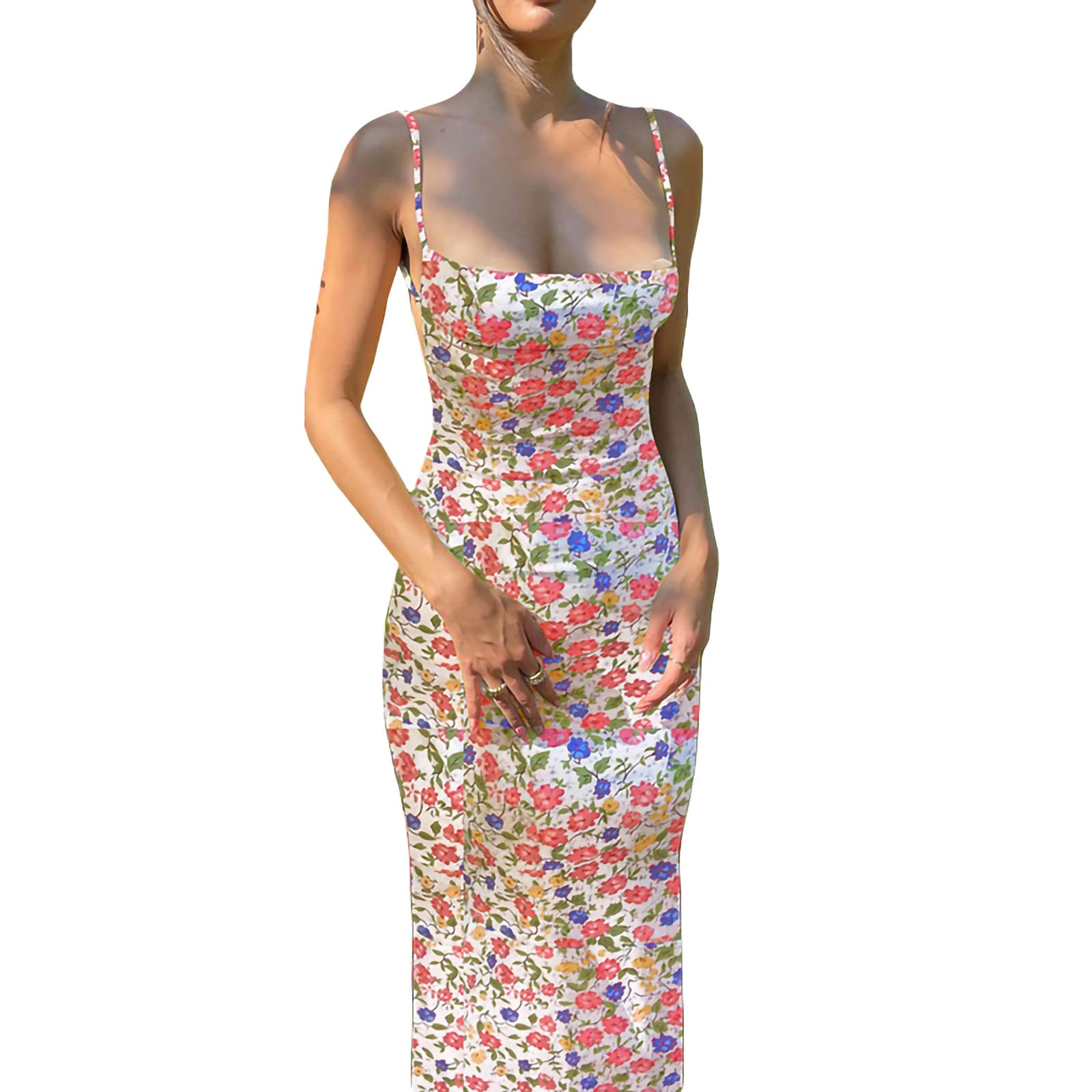 KMBANGI Women's Sexy Floral Backless Maxi Dress - Sleeveless Cutout Bodycon Cocktail Dress with Spaghetti Straps | Perfect for Parties, Weddings & Summer Vacations