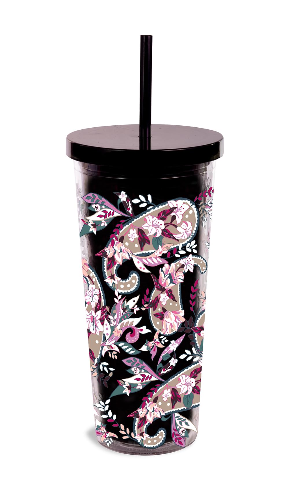 Vera Bradley 24oz Insulated Travel Tumbler with Lid & Straw - Double Wall Plastic Cup for Hot & Cold Drinks - Botanical Paisley Design - Perfect for Office, Gym, Hiking & Road Trips