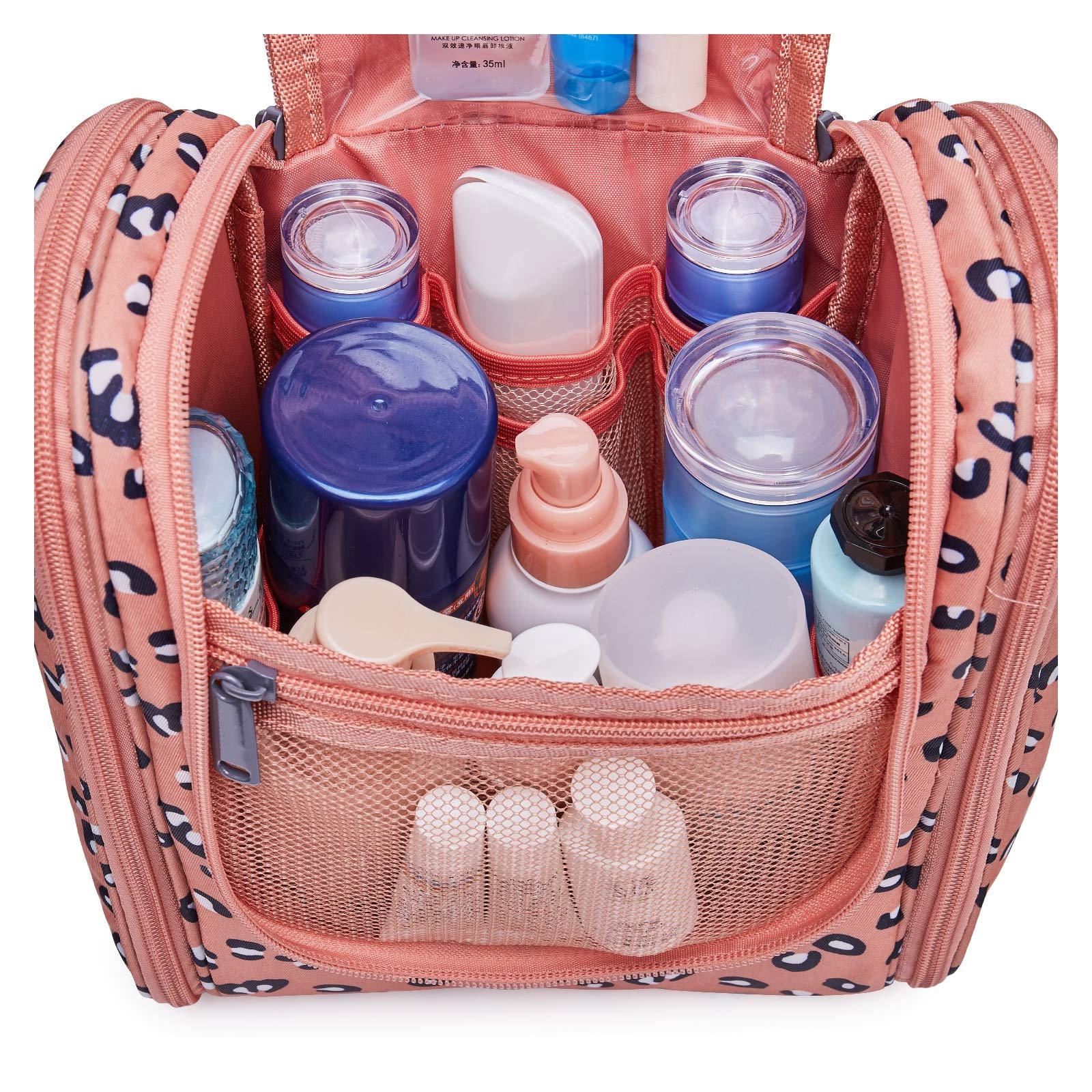 Narwey Small Hanging Cheetah Print Toiletry Bag for Women - Travel Makeup Organizer with Multiple Pockets for Cosmetics & Toiletries (Medium, Orange Leopard) - Perfect for Vacation, Gym & Weekend Getaways