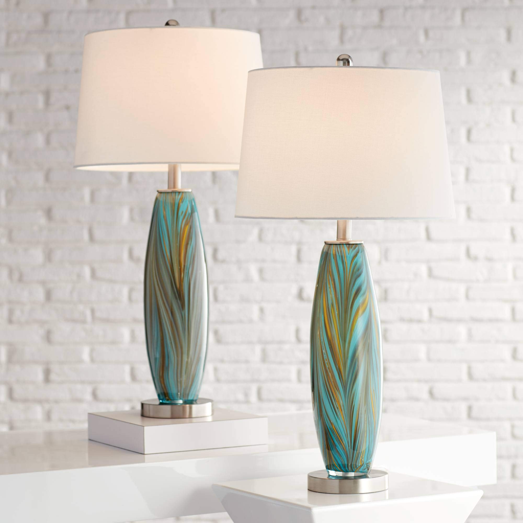 360 Lighting Azure Modern Table Lamps - Set of 2 Handcrafted Blue & Brown Art Glass with White Fabric Drum Shade - 29.5
