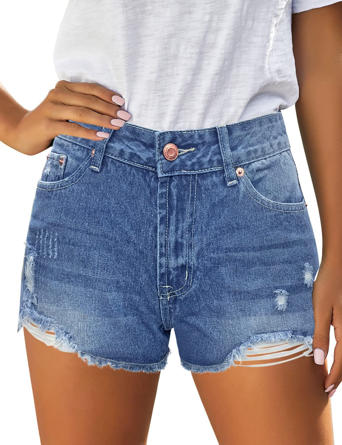 Stylish Women's Distressed Denim Shorts - High Waist Ripped Stretch Jean Shorts for Summer | Perfect for Casual Outings, Beach Trips & Streetwear Fashion
