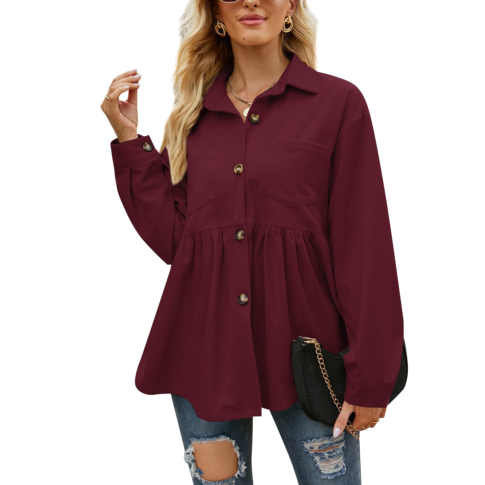 TICIFEN Women's Corduroy Button Down Shirt - Long Sleeve Peplum Blouse, Cute Babydoll Tunic Top & Loose Jacket Shacket for Casual Wear, Office & Date Night Outfits