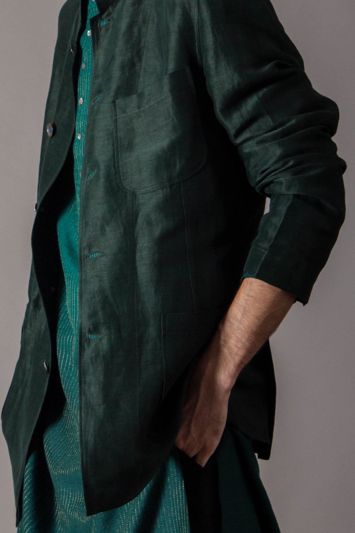 Elegant Bandhgala Jacket in Satin Linen - Deep Forest Green for Men | Perfect for Weddings, Parties & Formal Events