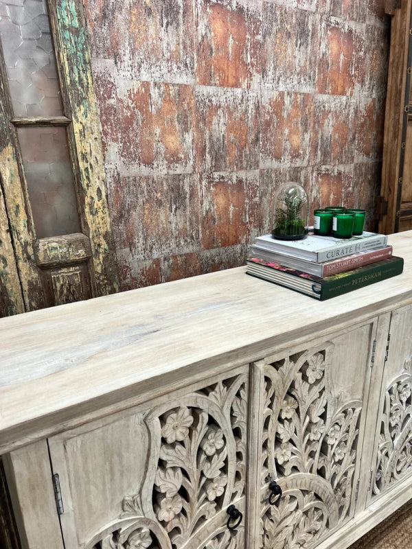 White Carved Solid Wood Sideboard Buffet Table with 4 Doors - Perfect for Dining Room Storage & Rustic Home Decor