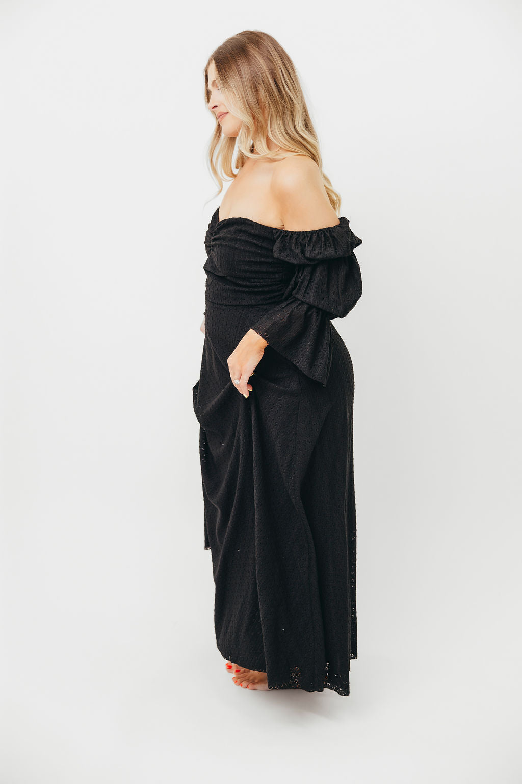 Corrine Tiered Sleeve Maxi Dress with Pockets - Bump Friendly Maternity Dress in Black | Perfect for Pregnancy, Nursing, and Special Occasions