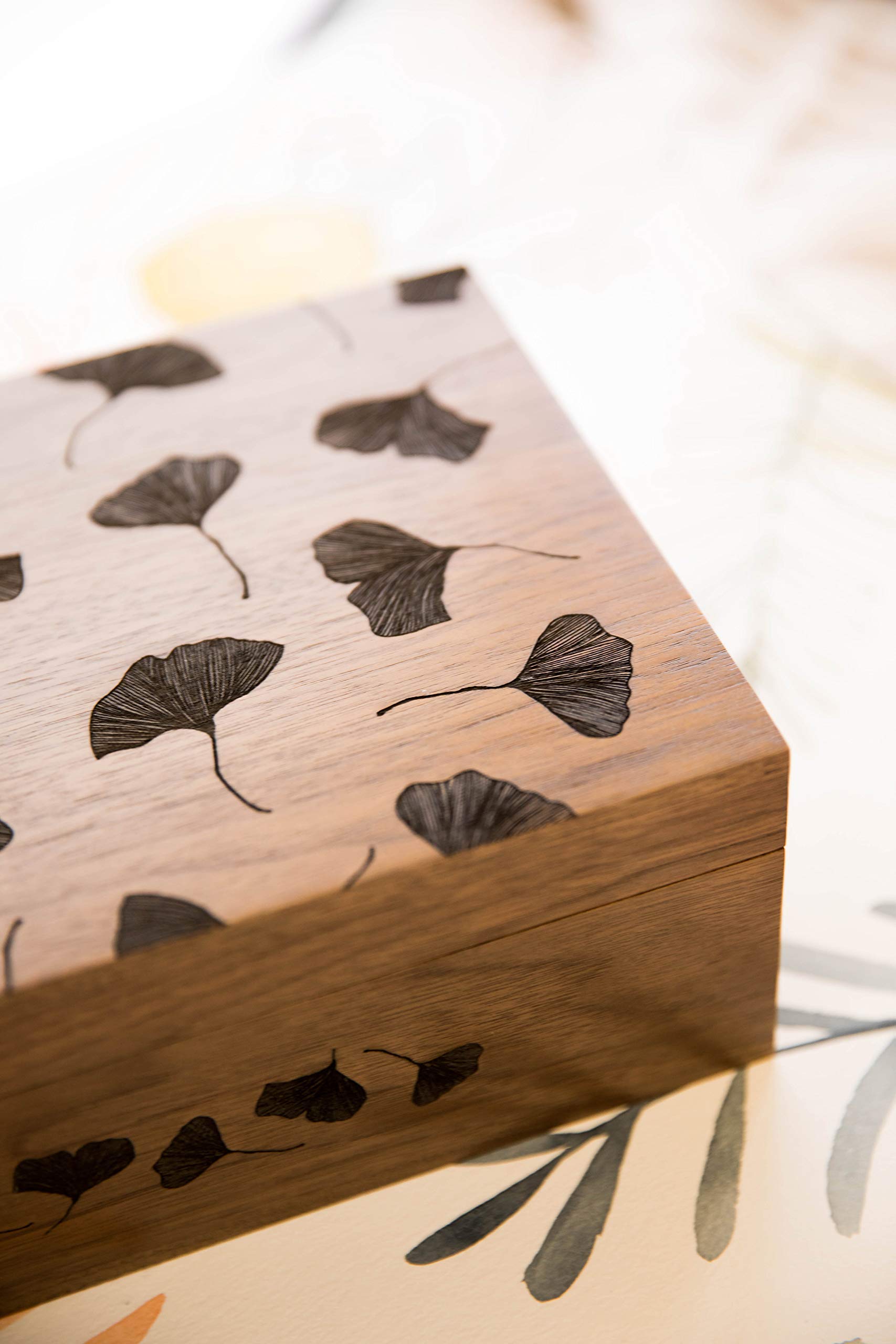 Handcrafted Ginkgo Leaves Wood Keepsake Box - Personalized Engraved Gift for Anniversary, Wedding, Baby Shower & Father's Day | Memory Box for Jewelry, Photos & Keepsakes (Home Decor & Special Occasion Gift Idea)