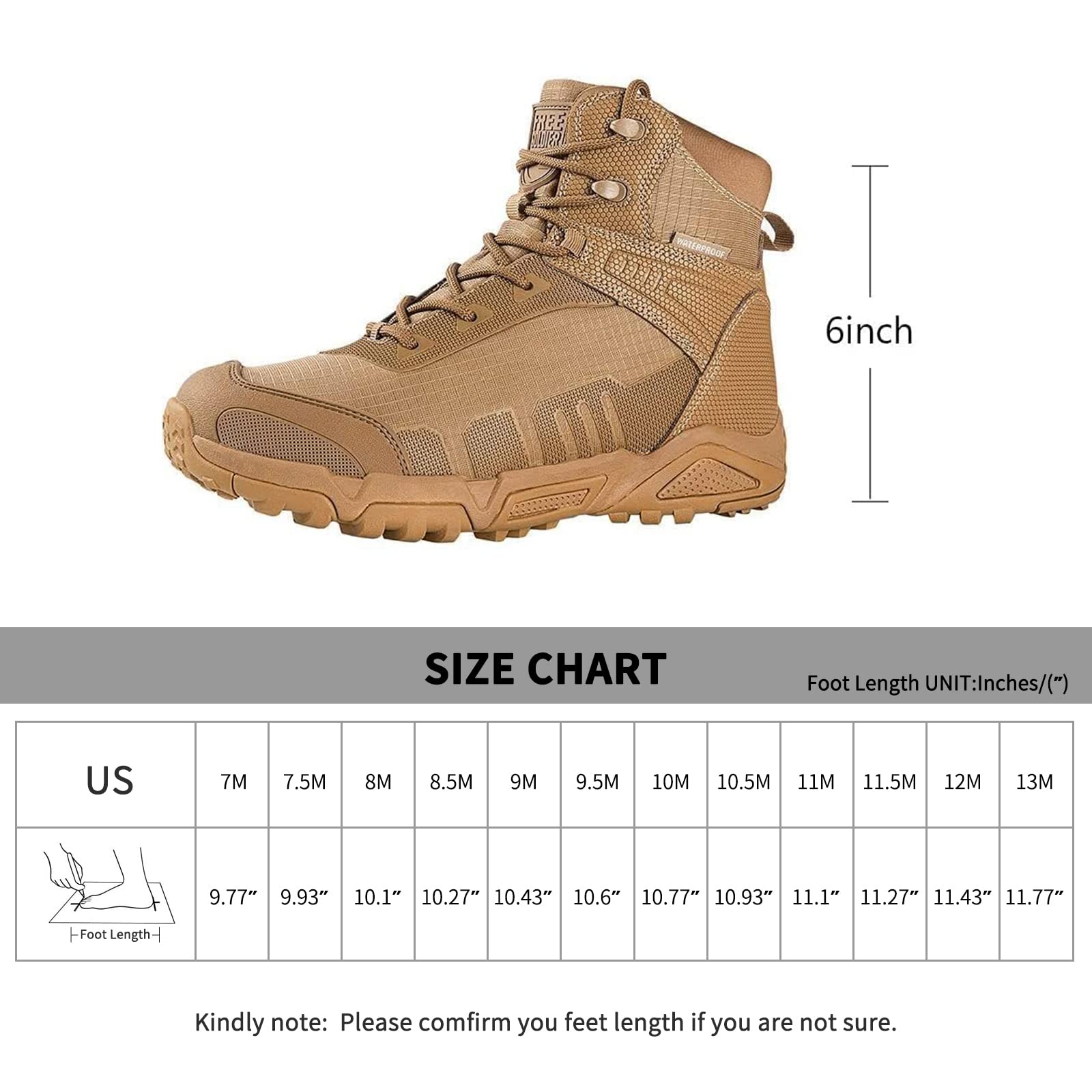 FREE SOLDIER Men's 6 Inch Tactical Ankle Boots - Lightweight Military Duty Work Boots, Breathable Desert Combat Boots for Hiking, Outdoor & Work - Perfect for Tactical Operations, Construction & Adventure Activities
