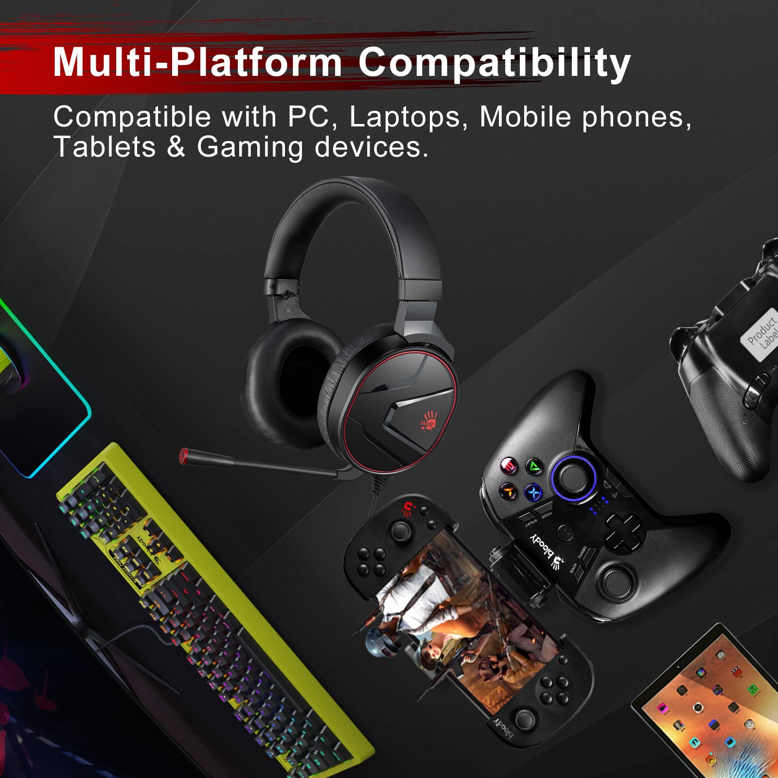Bloody G600i Wired Gaming Headset with Microphone - 7.1 Virtual Surround Sound, Detachable Noise Canceling Mic, Memory Foam Earpads - Over-Ear Headphones for Xbox, PS4/5, Nintendo Switch, PC (Black) - Perfect for Competitive Gaming, Streaming & Online Chat