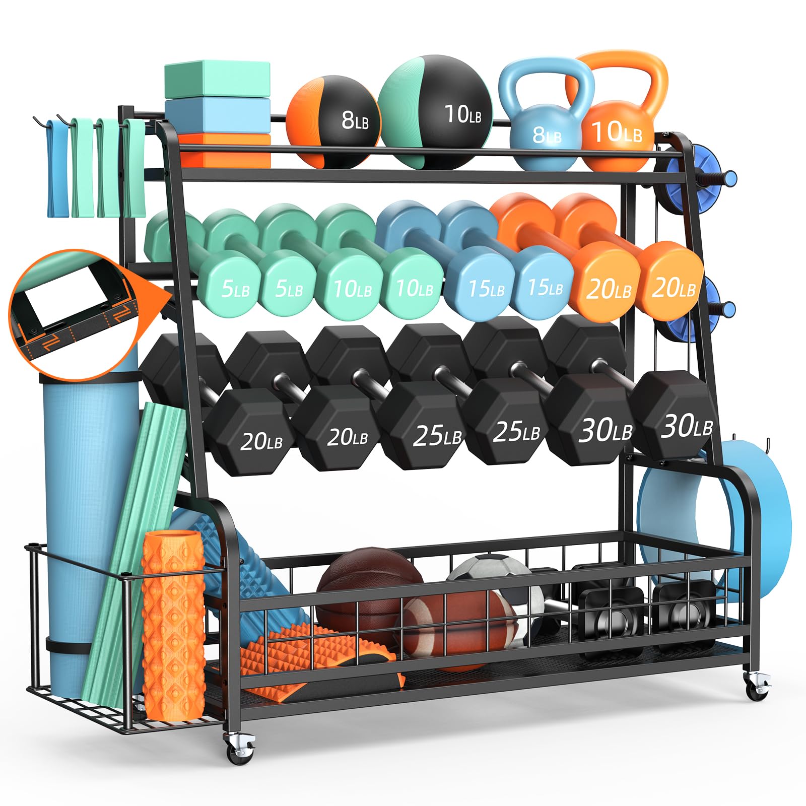 Bonvork Adjustable XL Dumbbell Rack with Wheels - Heavy Duty Weight Stand for Dumbbells, Kettlebells & Gym Equipment - Home Gym Storage Organizer for Yoga Mats, Exercise Balls - Perfect for Garage, Basement & Home Workout Spaces