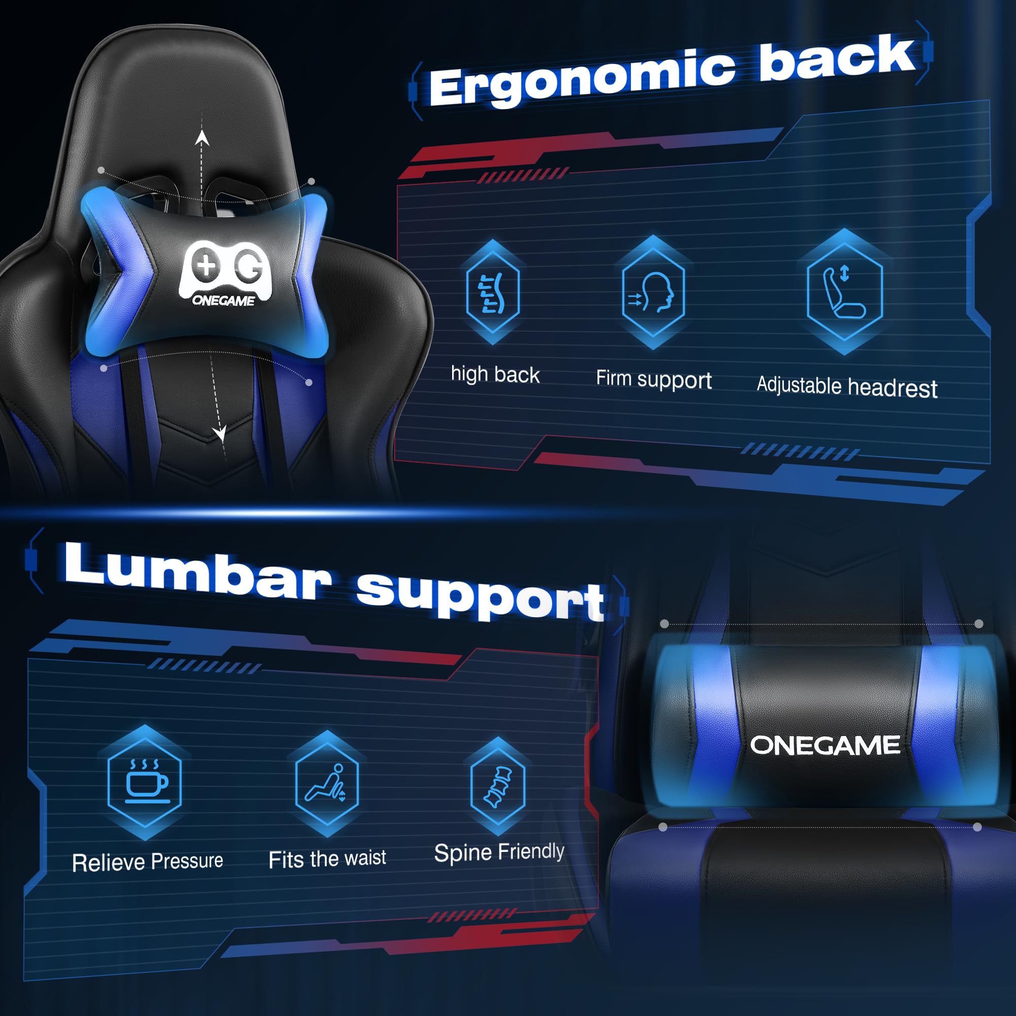 OneGame Ergonomic Gaming Chair with Footrest - High Back PU Leather Racing Style Computer Chair for Home Office - Adjustable Height Video Game Chair (Black/Blue) - Perfect for Esports, Streaming & Long Gaming Sessions