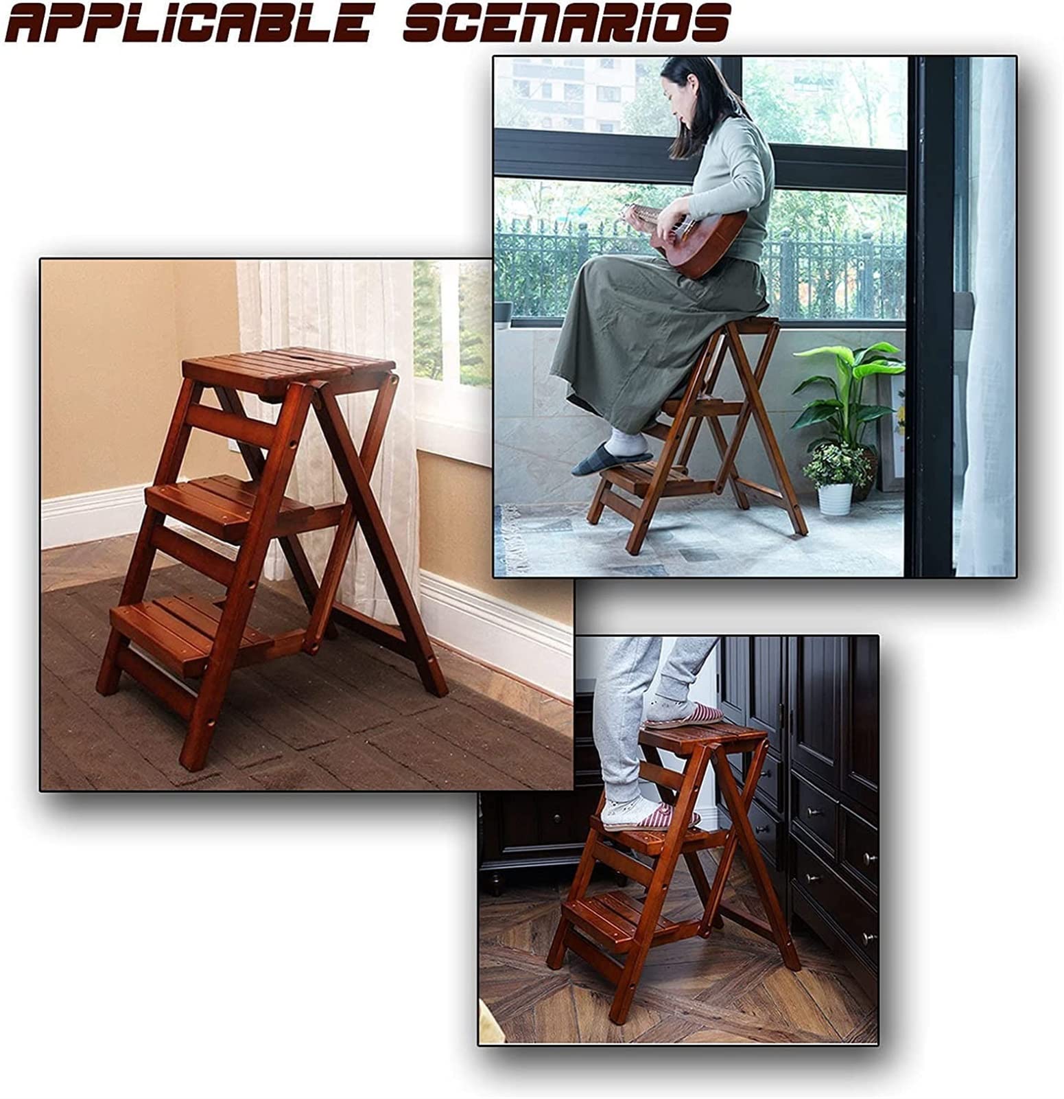 2-Step Wooden Folding Ladder - Multifunctional Step Stool for Home, Kitchen, Library & Household Work - Indoor Climbing Stair Chair (Brown) - Perfect for Reaching High Shelves, Organizing Pantries & Home DIY Projects