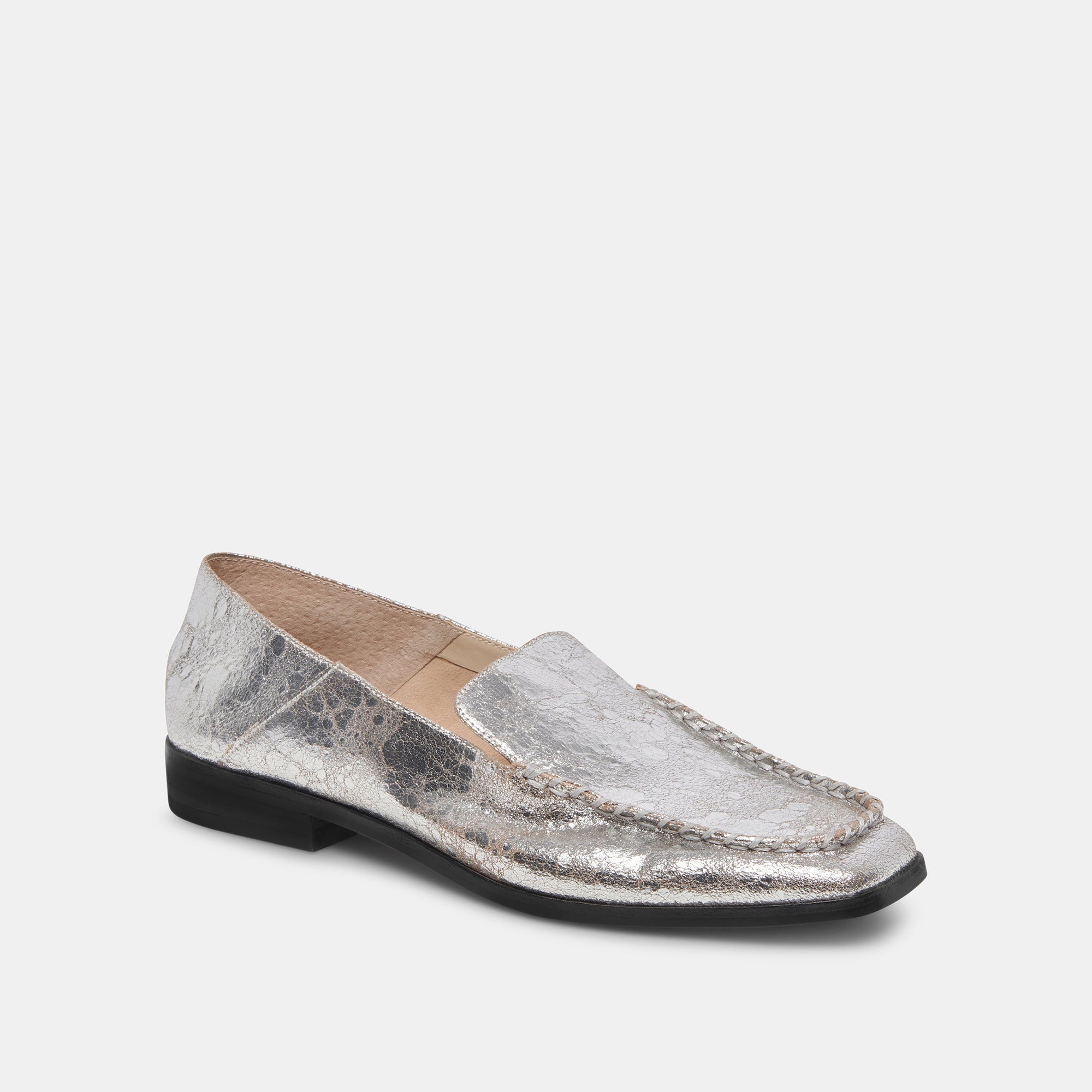 BENY Women's Wide Flats Shoes - Silver Distressed Leather Slip On Loafers for Casual Wear & Office Outfits