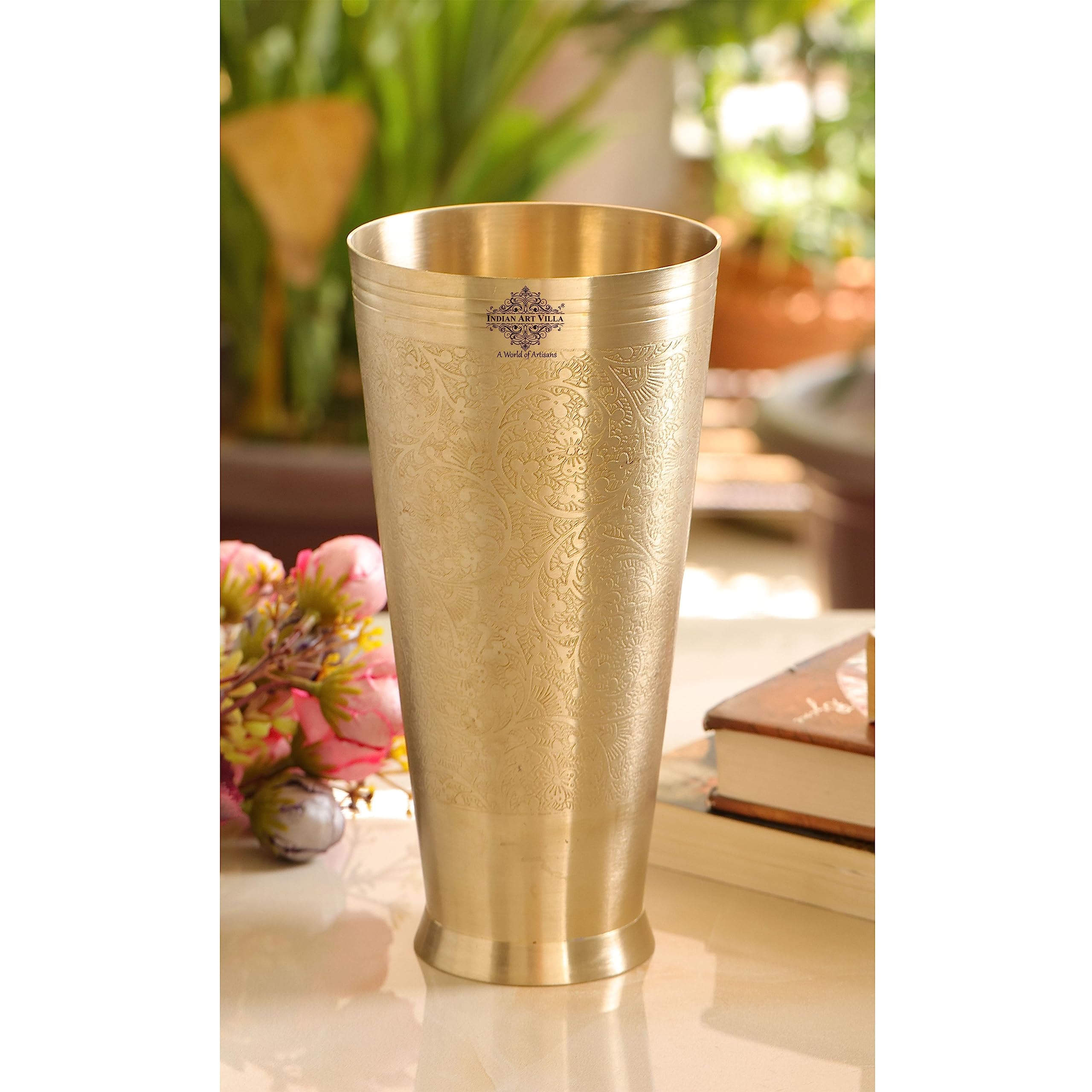 Premium Indian Brass Lassi Glass Tumbler Set - 54oz Embossed Flower Design Drinking Cups (Set of 2) - Perfect for Traditional Yogurt Drinks, Smoothies, and Chilled Beverages at Home or Restaurant