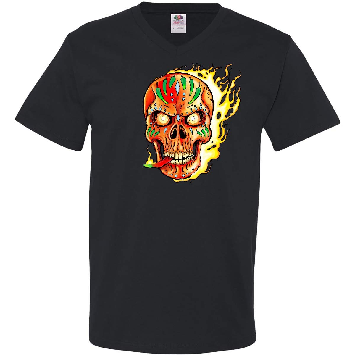 Inktastic Hot Sauce Hot Pepper Skull ON FIRE Men's V-Neck T-Shirt - Spicy Lover Graphic Tee for Men, Cool Casual Streetwear, Perfect for Parties, Concerts & Hot Sauce Enthusiasts