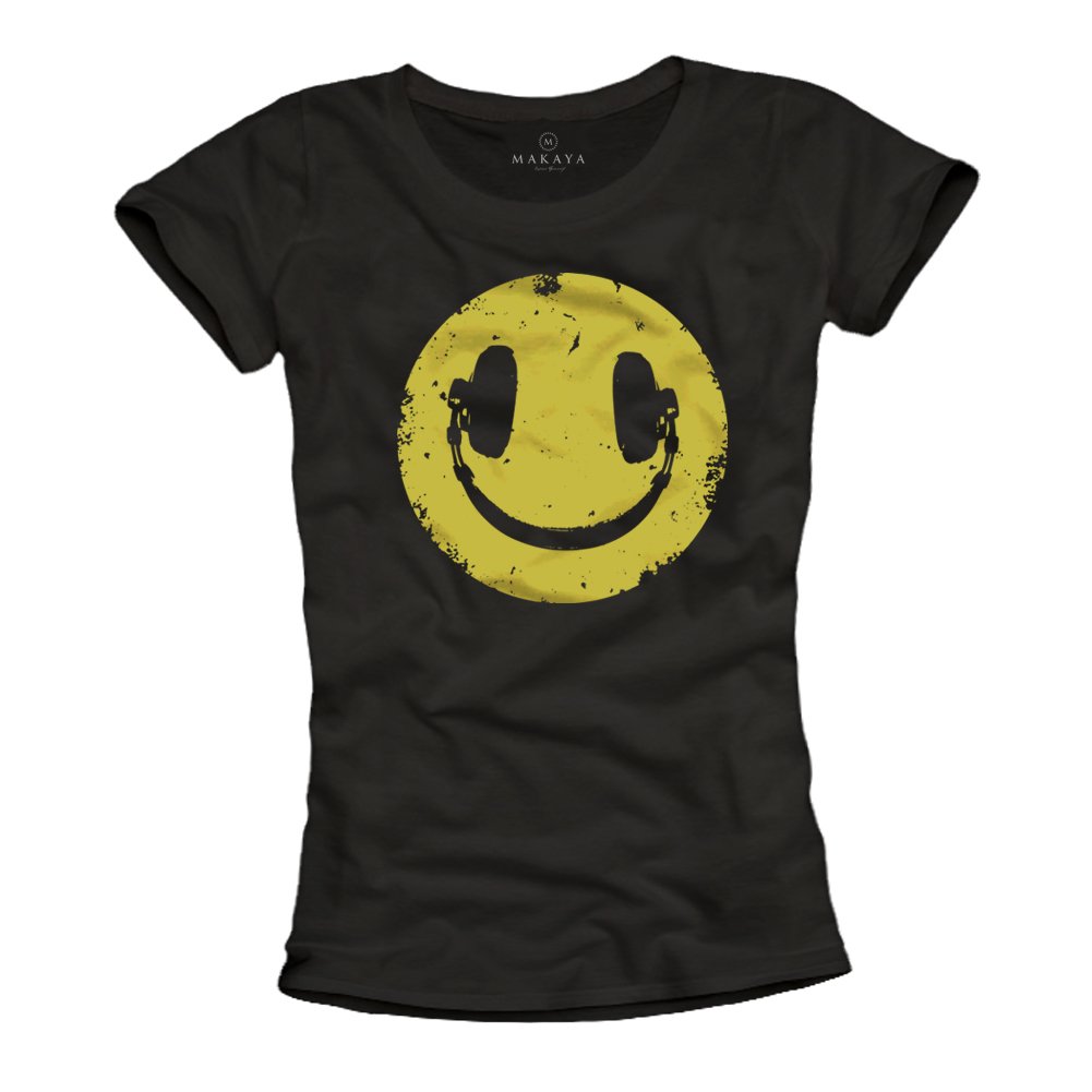 Vintage Music T-Shirt for Women - Smiley Face with Headphones Design | Casual Wear, Concerts & Music Festival Outfit