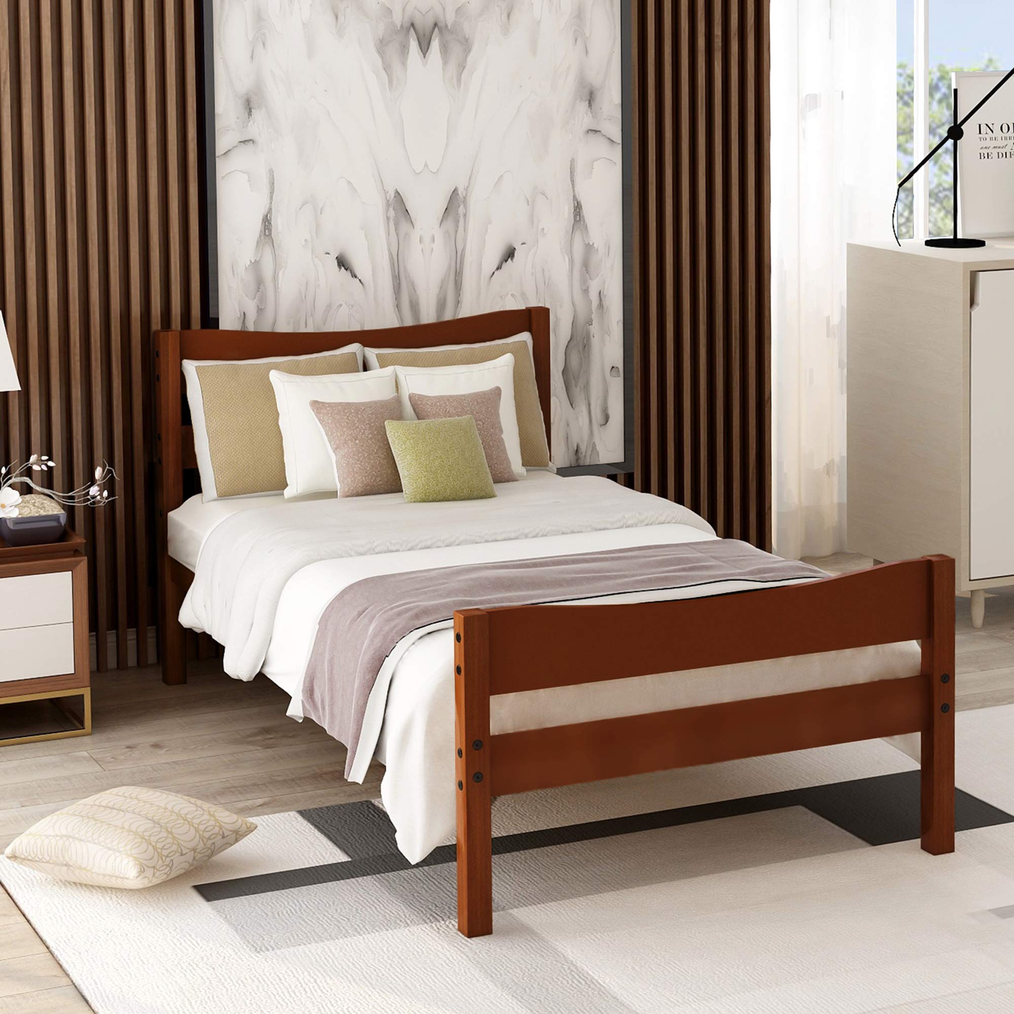 MERITLINE Twin Size Wooden Platform Bed Frame with Headboard & Footboard - No Box Spring Needed, Walnut Finish - Perfect for Small Bedrooms, Guest Rooms & Kids' Rooms