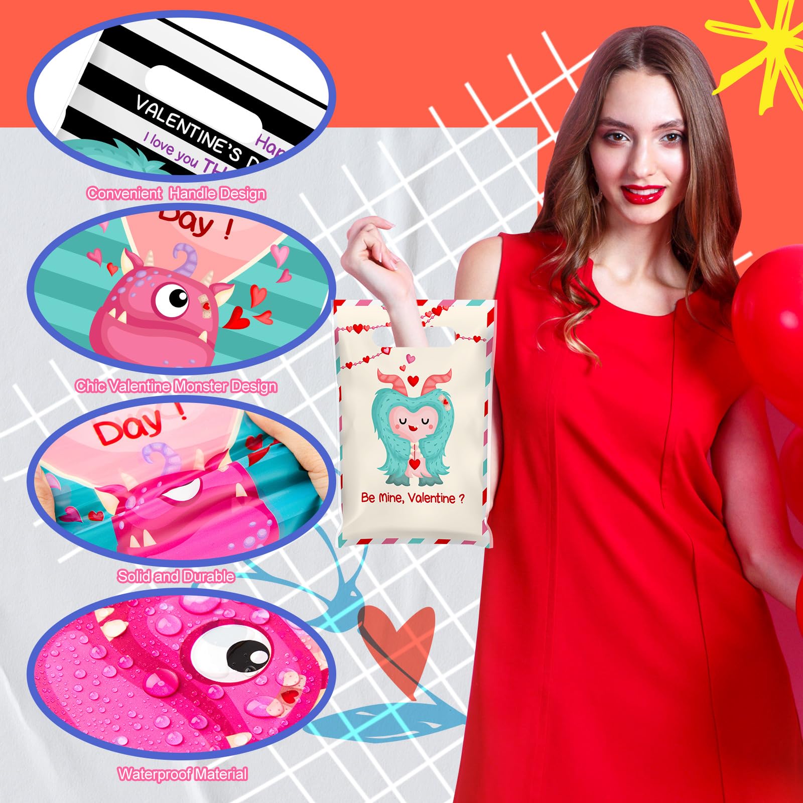 Frienda 100-Piece Plastic Valentine's Day Gift Bags Bulk - Monster Treat Bags with Handles for Candy, Party Favors & Holiday Decorations | Perfect for Valentine's Parties, Classroom Treats & Romantic Gift Giving