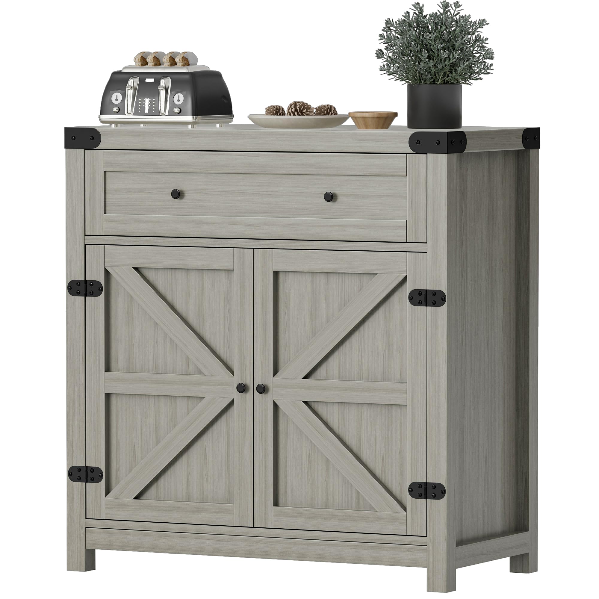 Farmhouse Style Sideboard Buffet Cabinet with Storage - 1 Drawer & 2 Barn Doors, Rustic Coffee Bar Console Table for Kitchen, Dining Room, Entryway - Perfect for Home Organization & Entertaining (Grey)